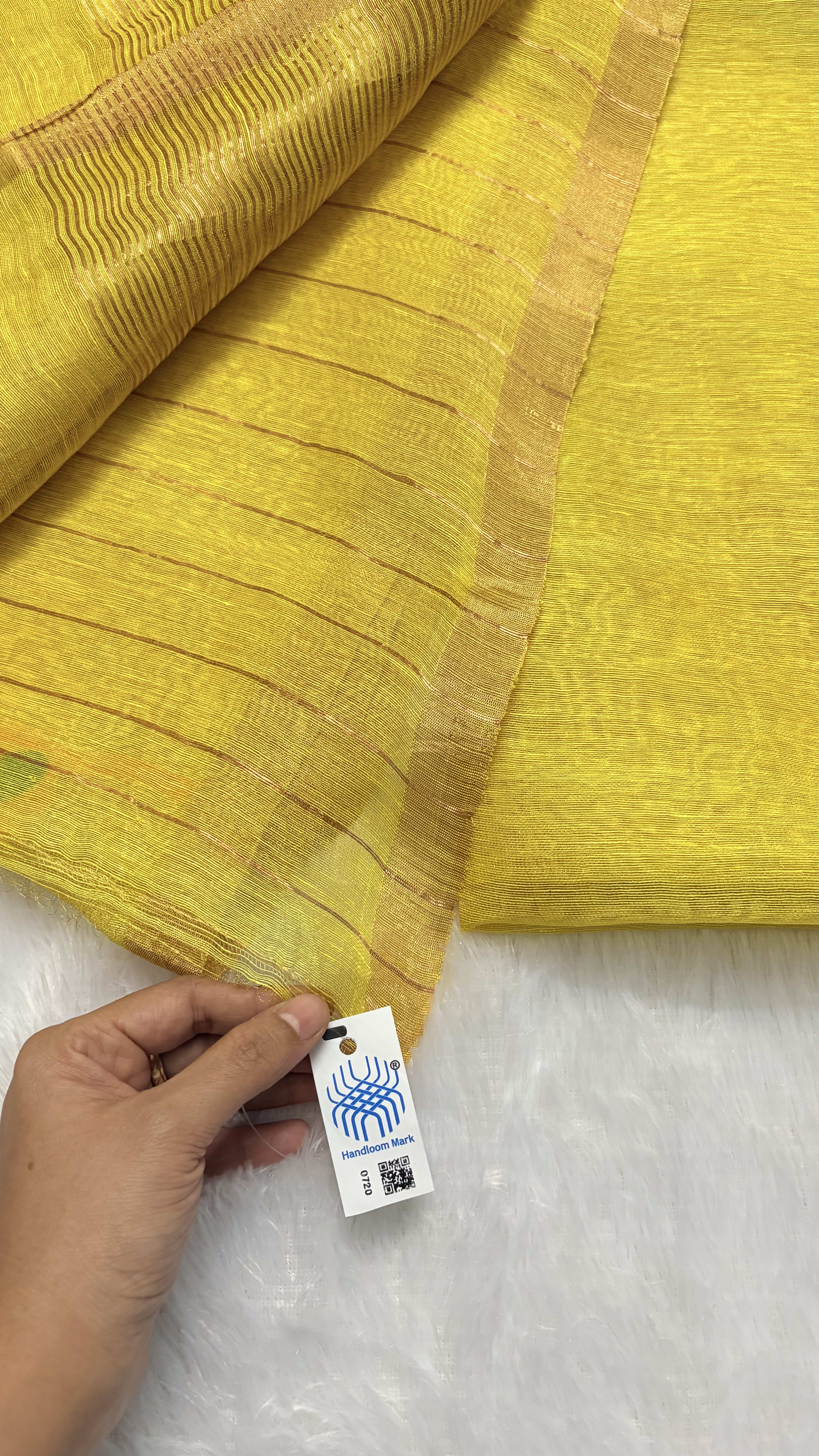 Pure Silk Linen saree with Jamdani Pallu - Yellow — Yellow Chanderi Linen saree