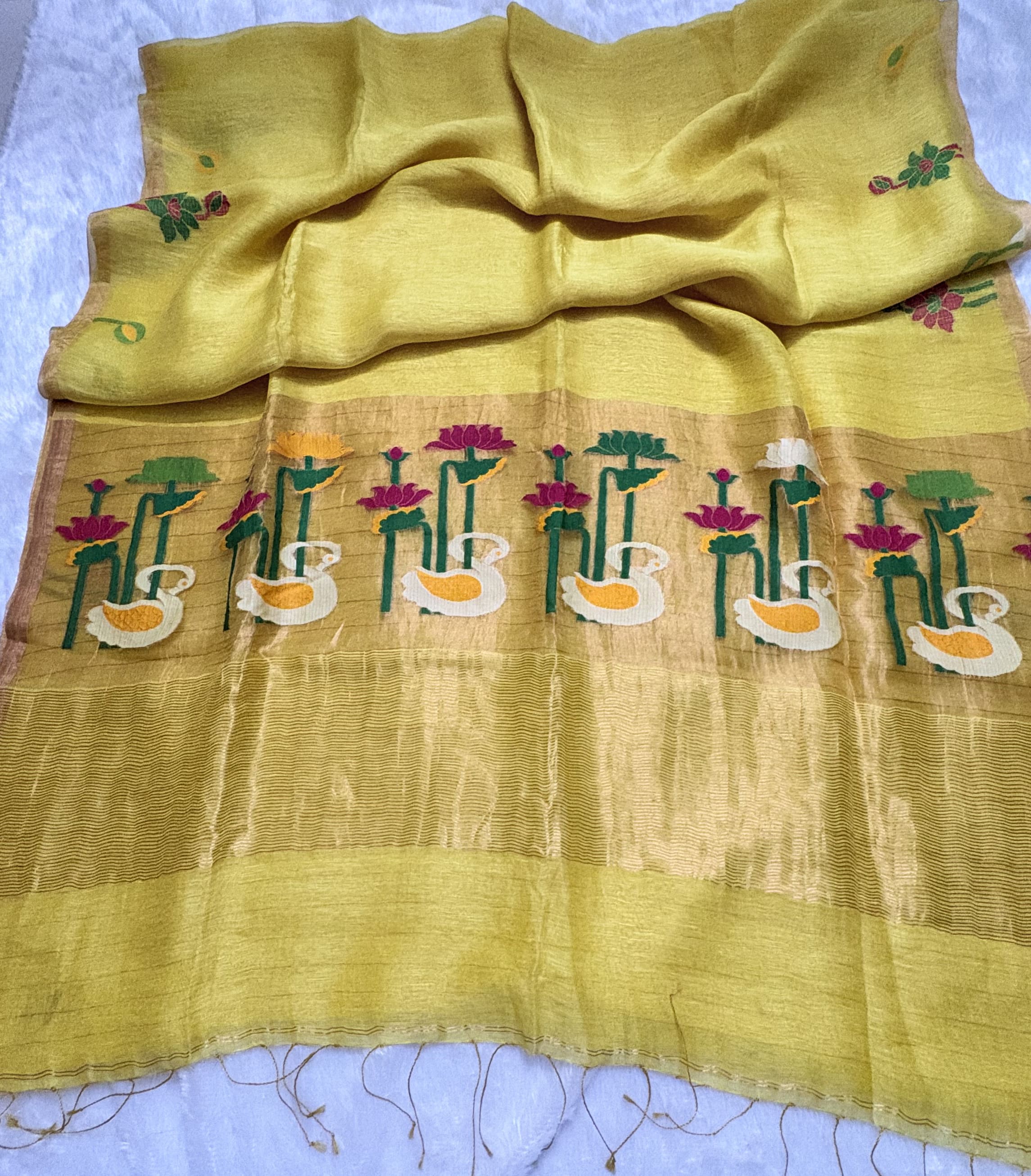 Pure Silk Linen saree with Jamdani Pallu - Yellow — Yellow Chanderi Linen saree
