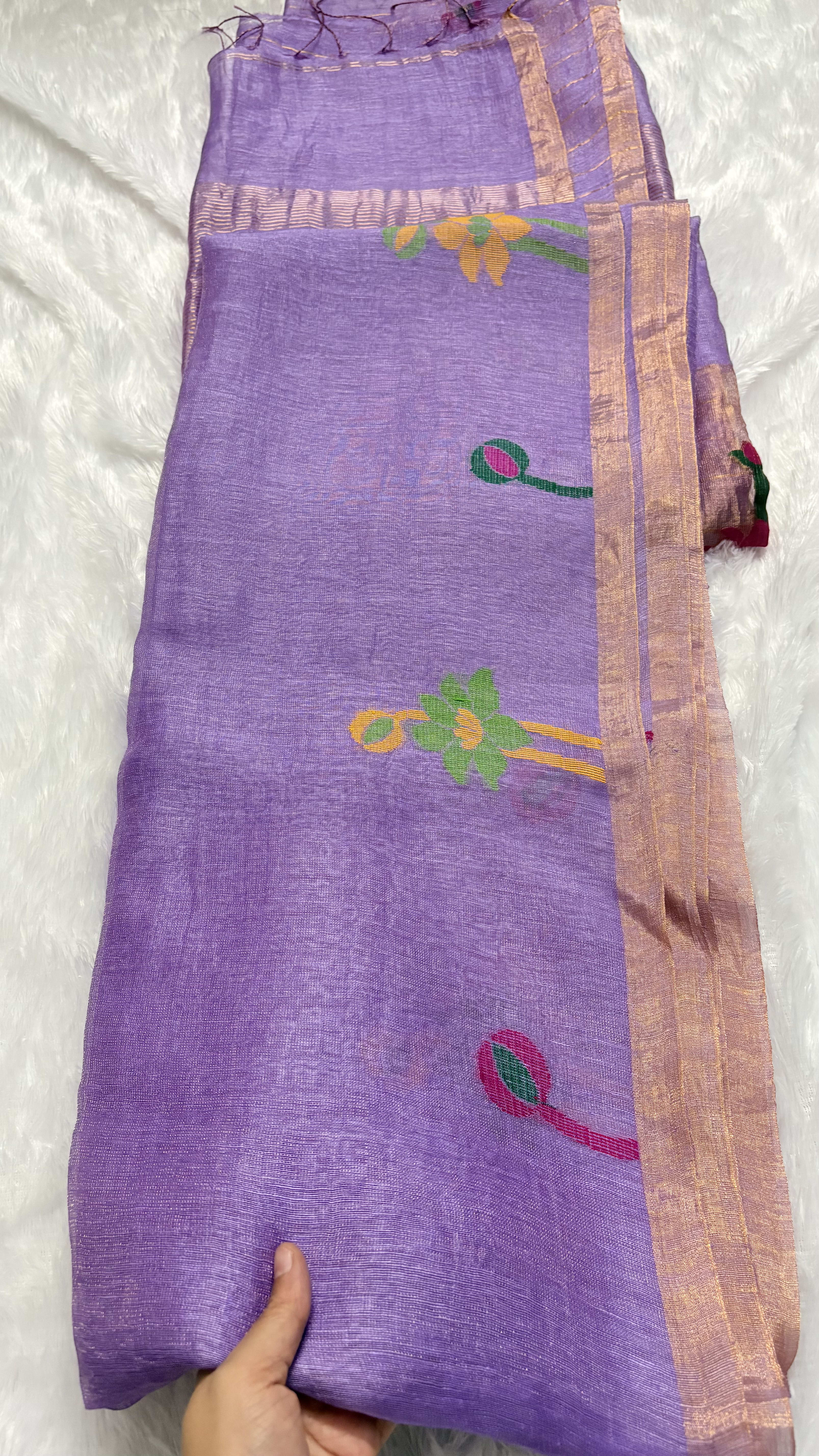 Pure Silk Linen saree with Jamdani Pallu - Lavender — Purple/Lavender Chanderi Linen saree