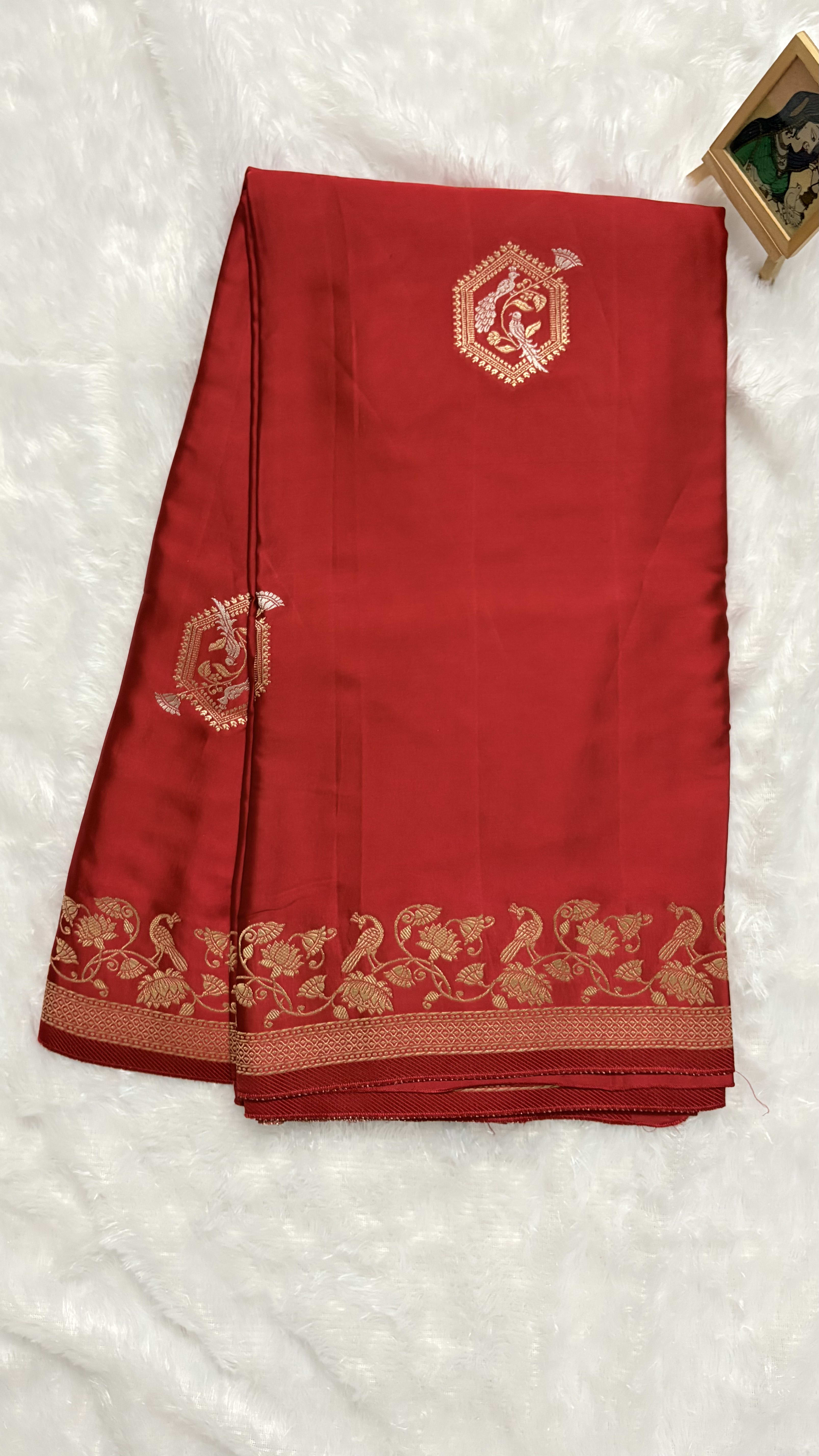 Mashru Silk Saree Self - Red — Red/Maroon Banarasi Mashru saree