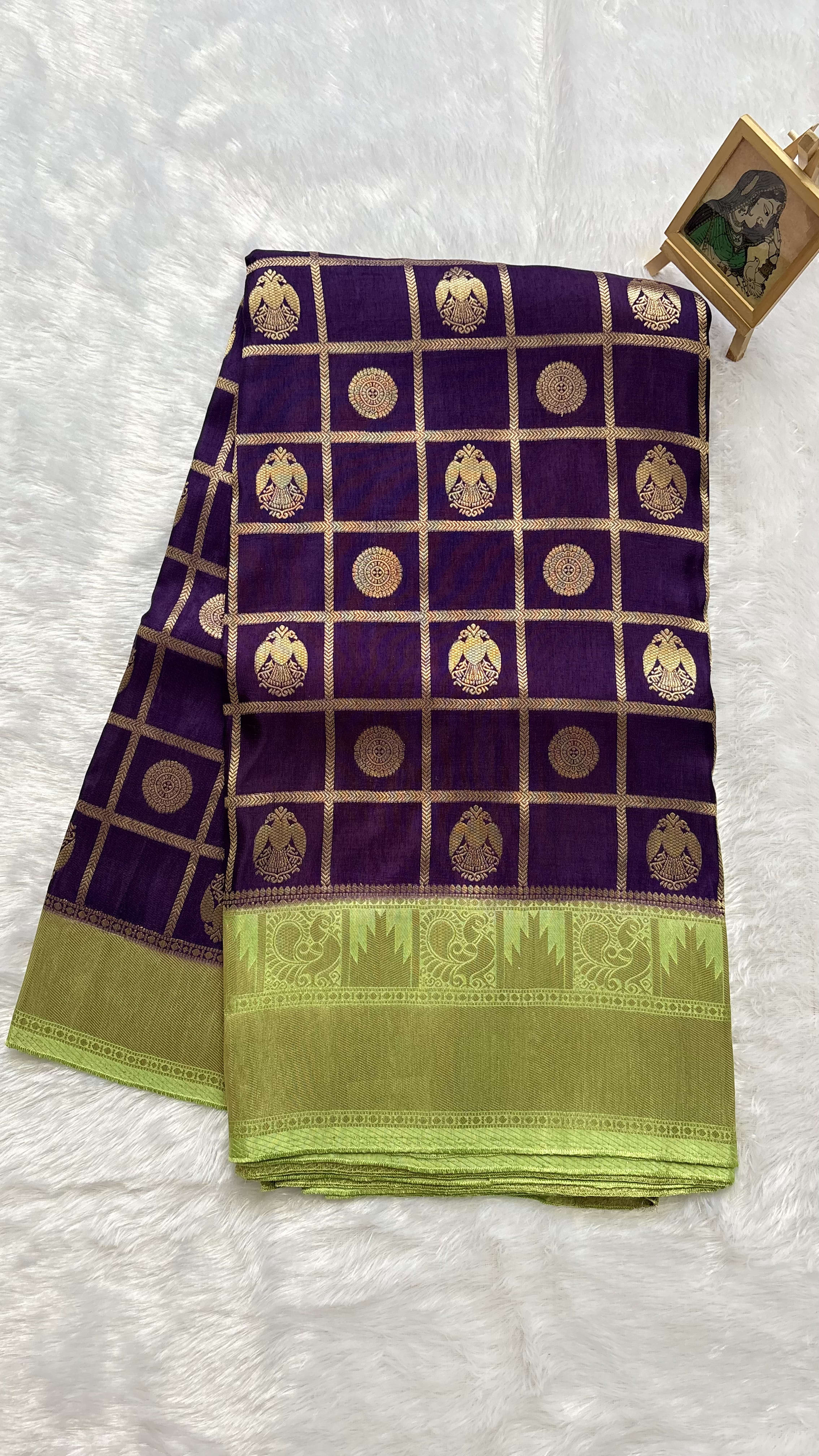 Russian Crepe Saree - Purple and Parrot Green — Purple/Lavender Banarasi Crepe saree