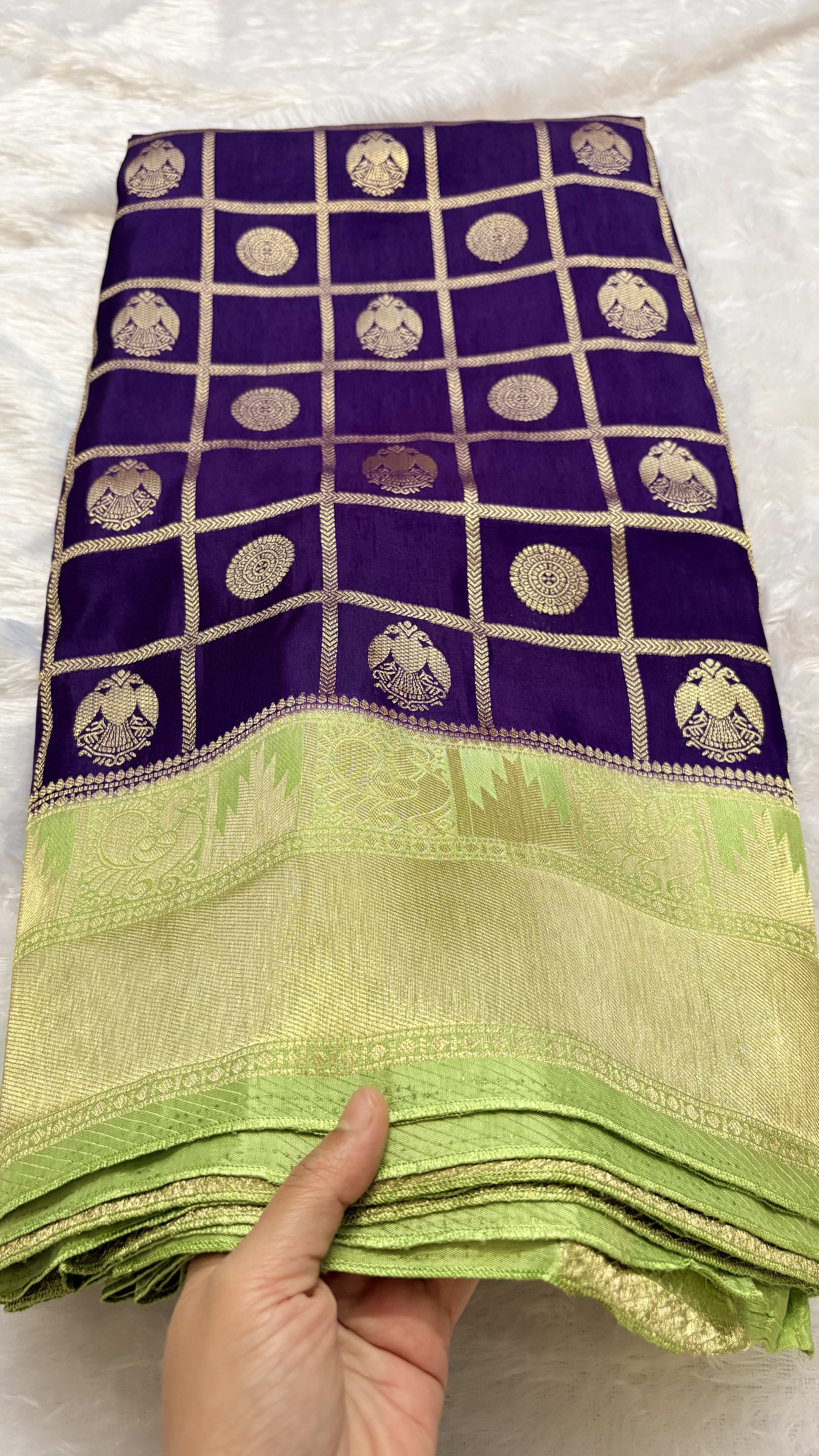 Russian Crepe Saree - Purple and Parrot Green — Purple/Lavender Banarasi Crepe saree