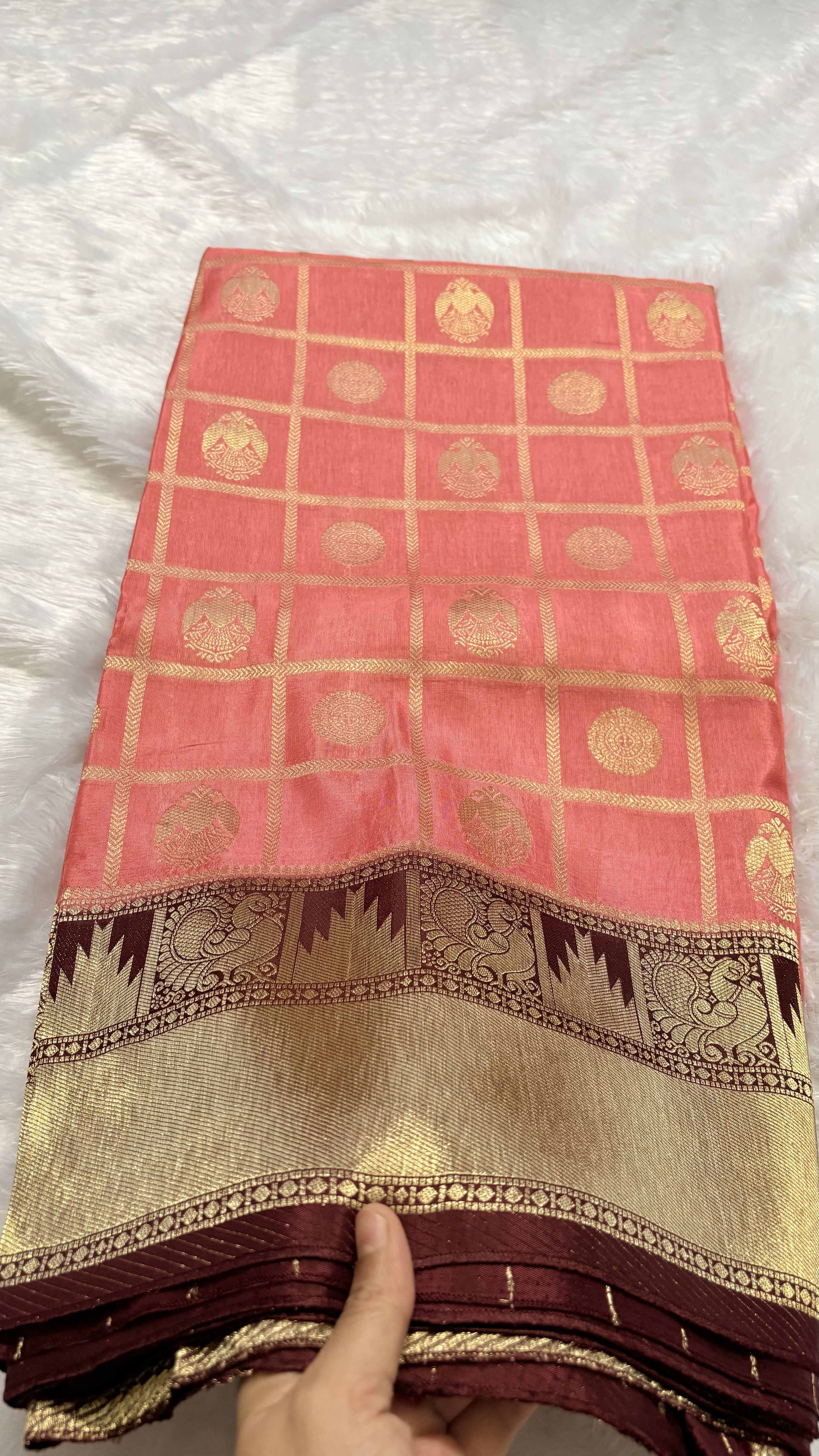 Russian Crepe Saree - Peach and Maroon — Pink/Peach Banarasi Crepe saree
