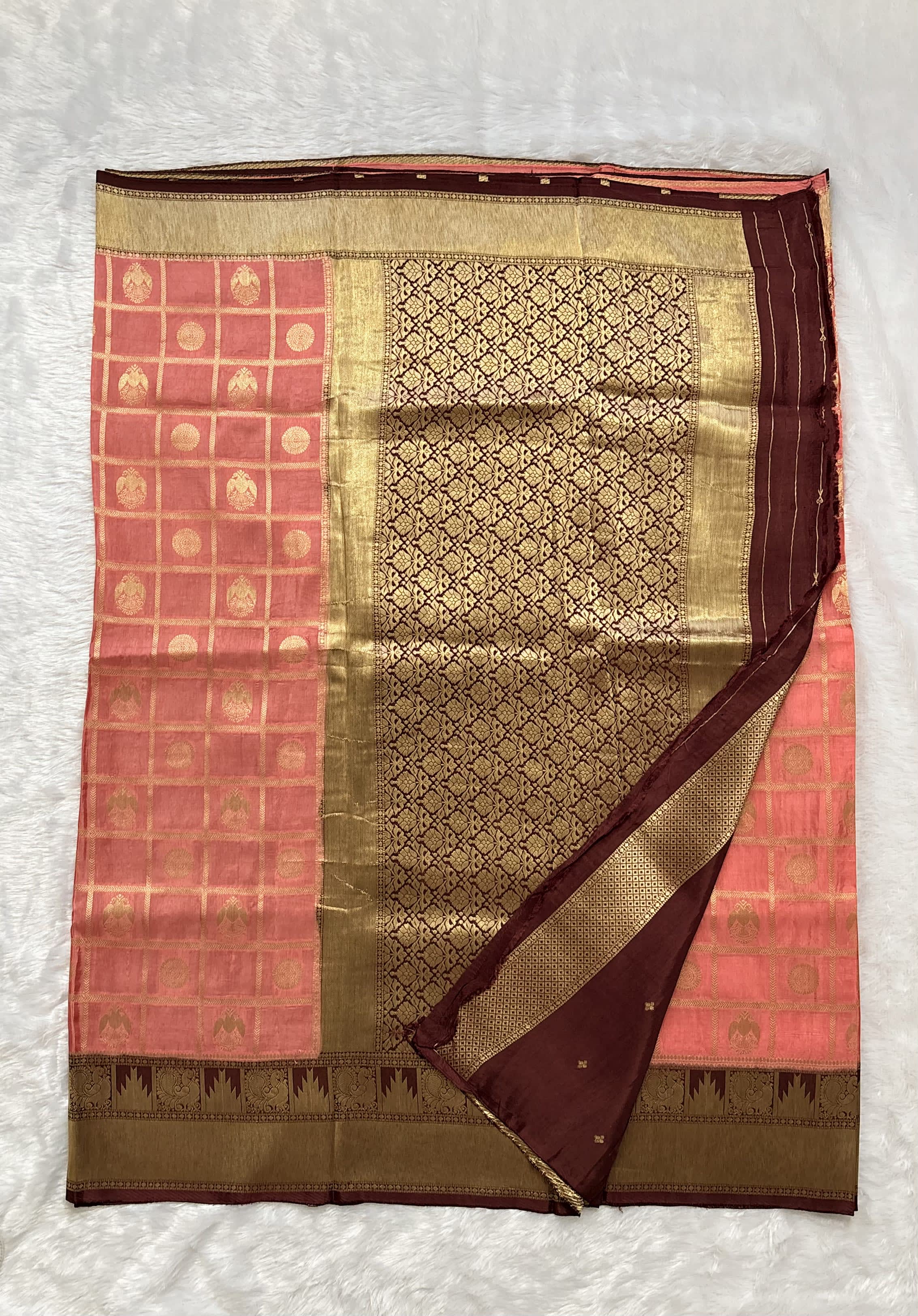 Russian Crepe Saree - Peach and Maroon — Pink/Peach Banarasi Crepe saree