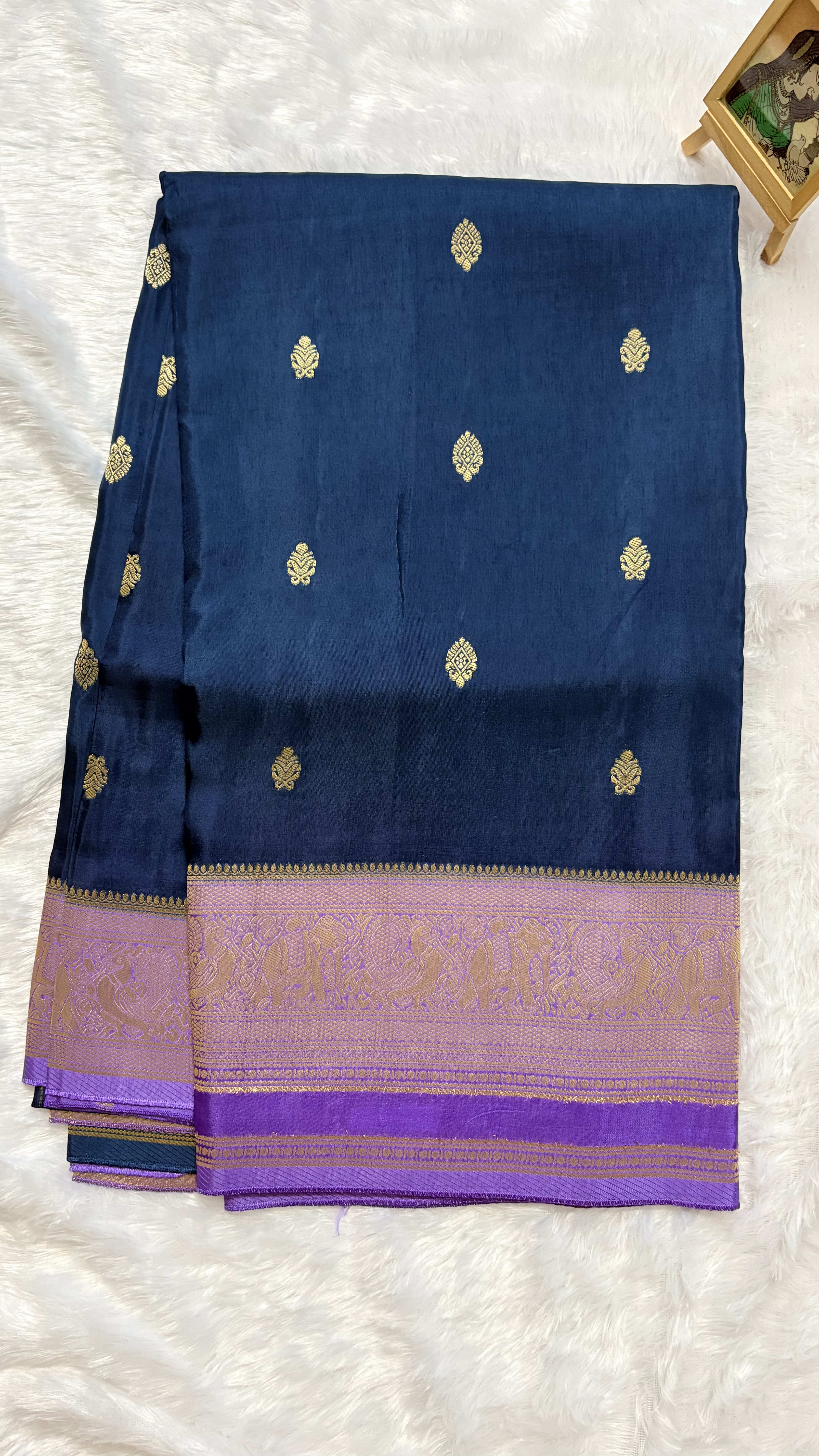 Russian Crepe Saree - Teal Blue and Lavender — Blue Banarasi Crepe saree