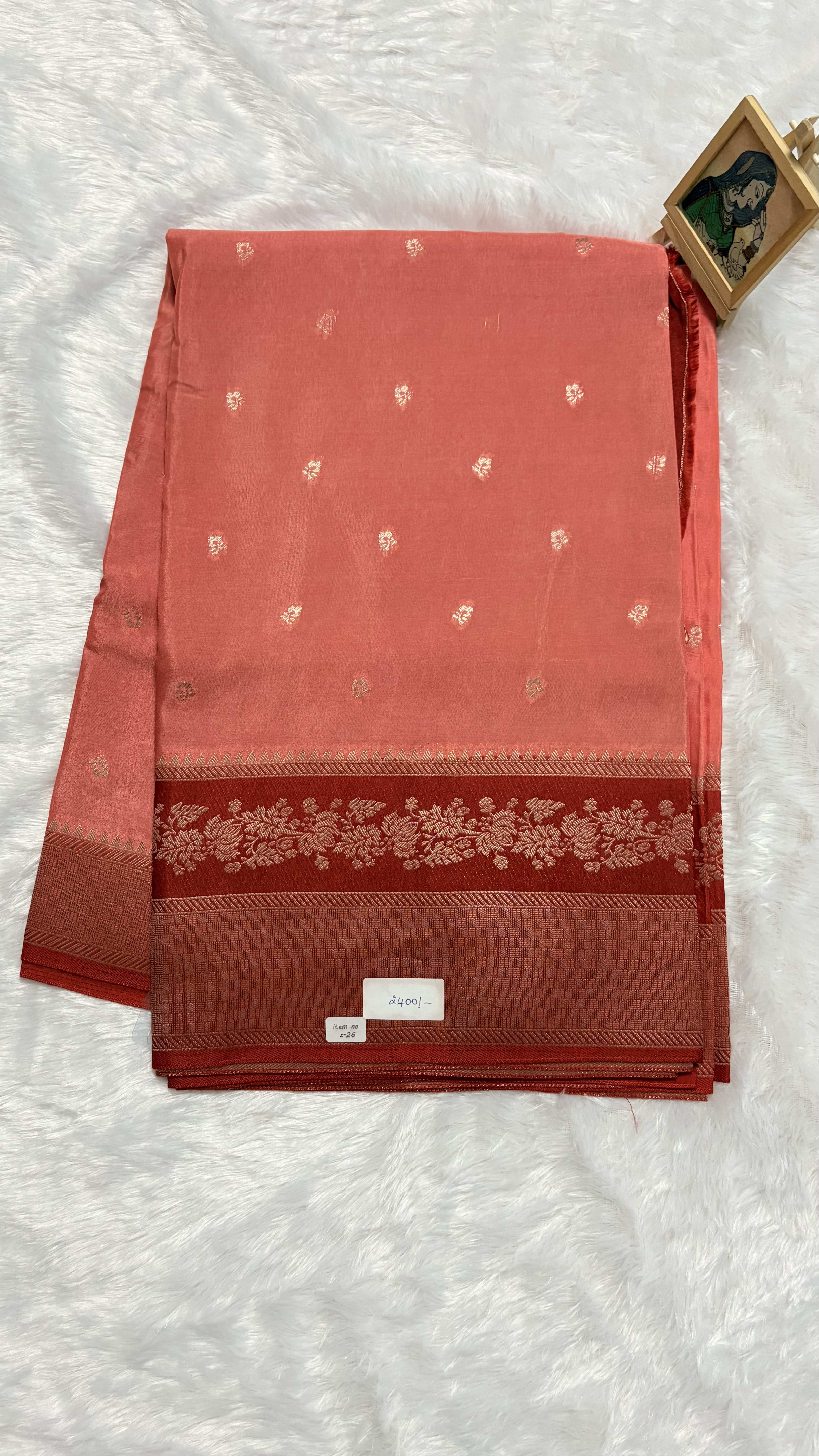 Viscose Silk Saree - Peach and Red — Pink/Peach Banarasi Crepe saree