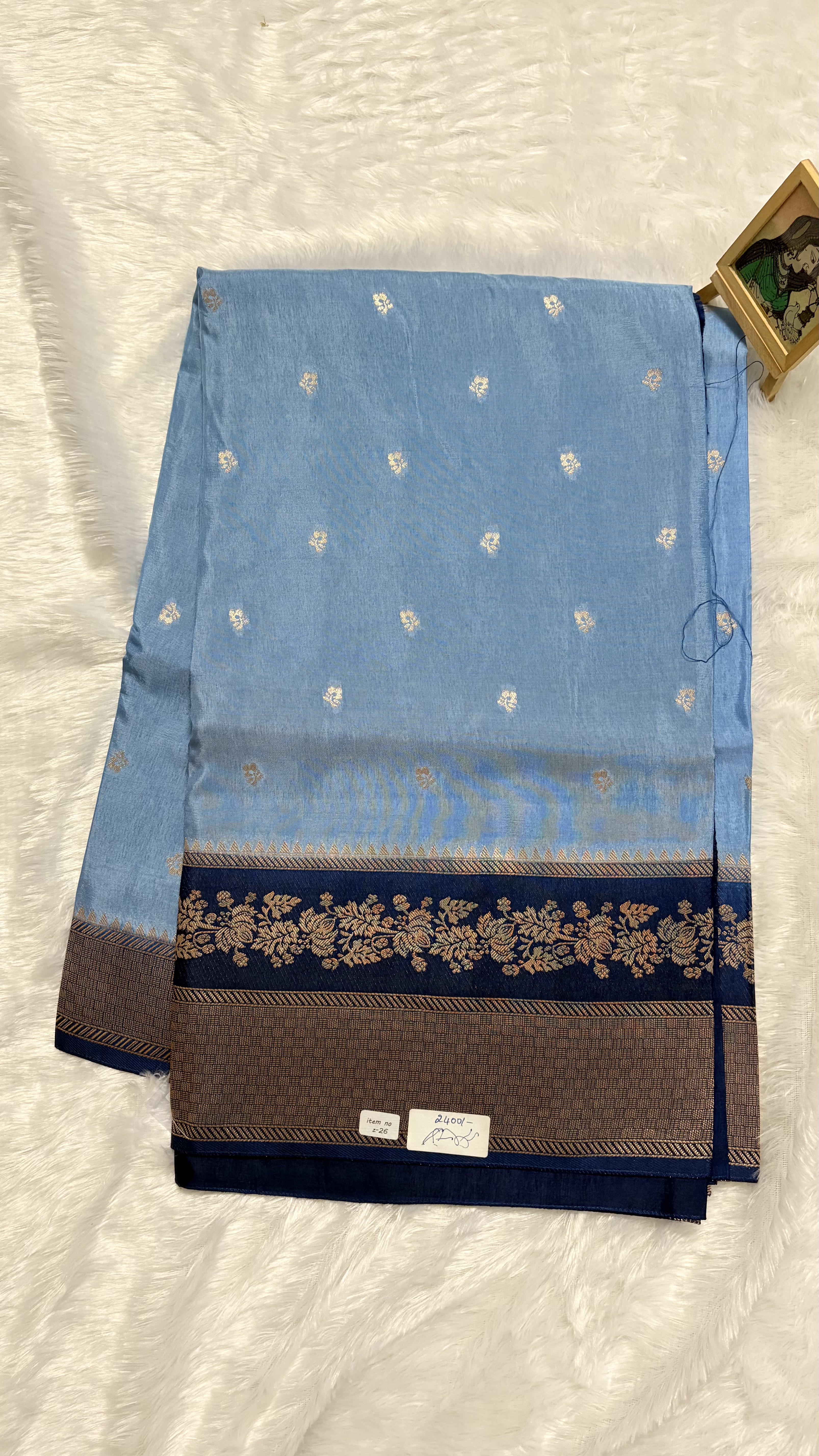 Viscose Silk Saree - Ice blue and navy — Blue Banarasi Crepe saree