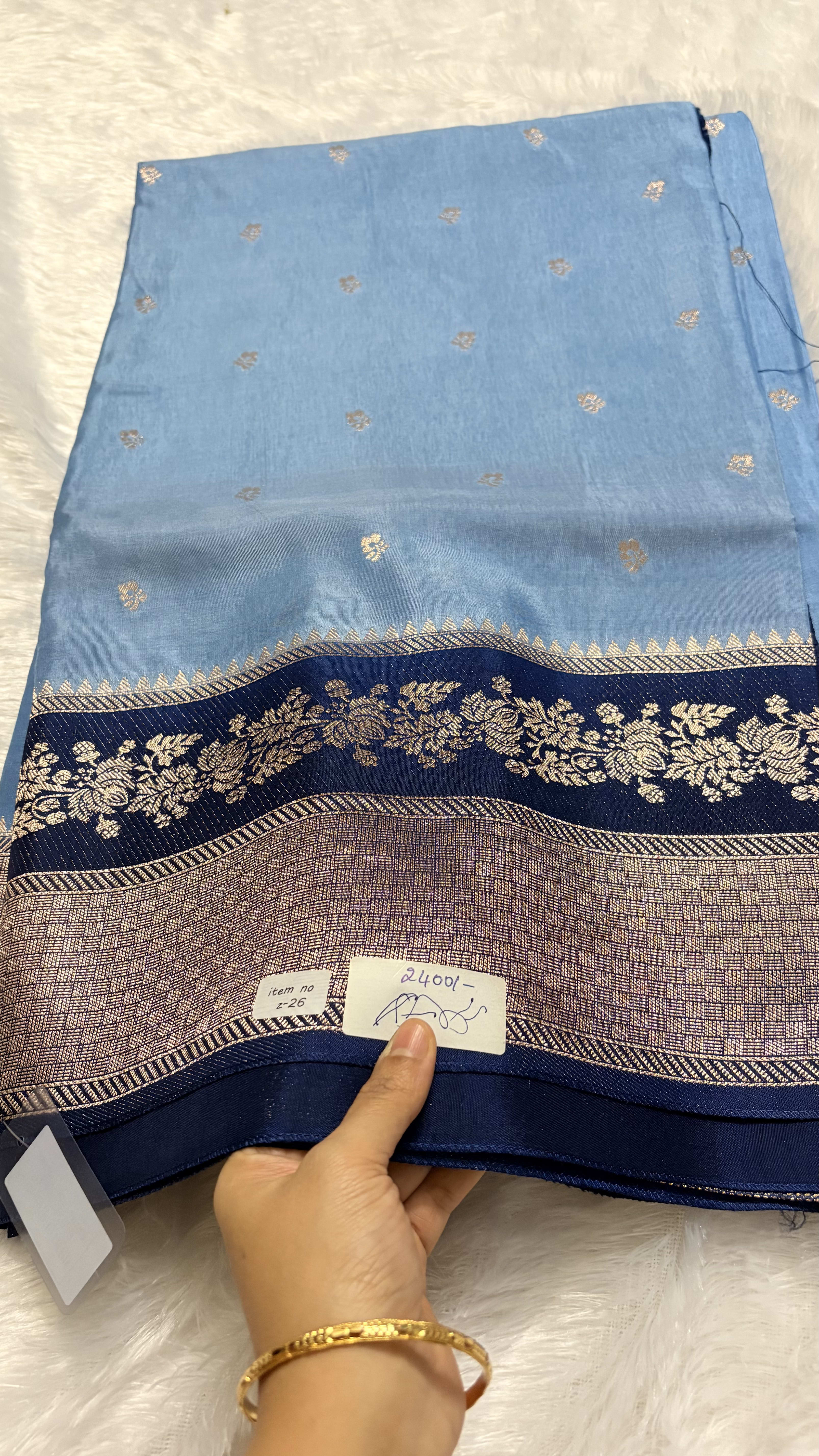 Viscose Silk Saree - Ice blue and navy — Blue Banarasi Crepe saree