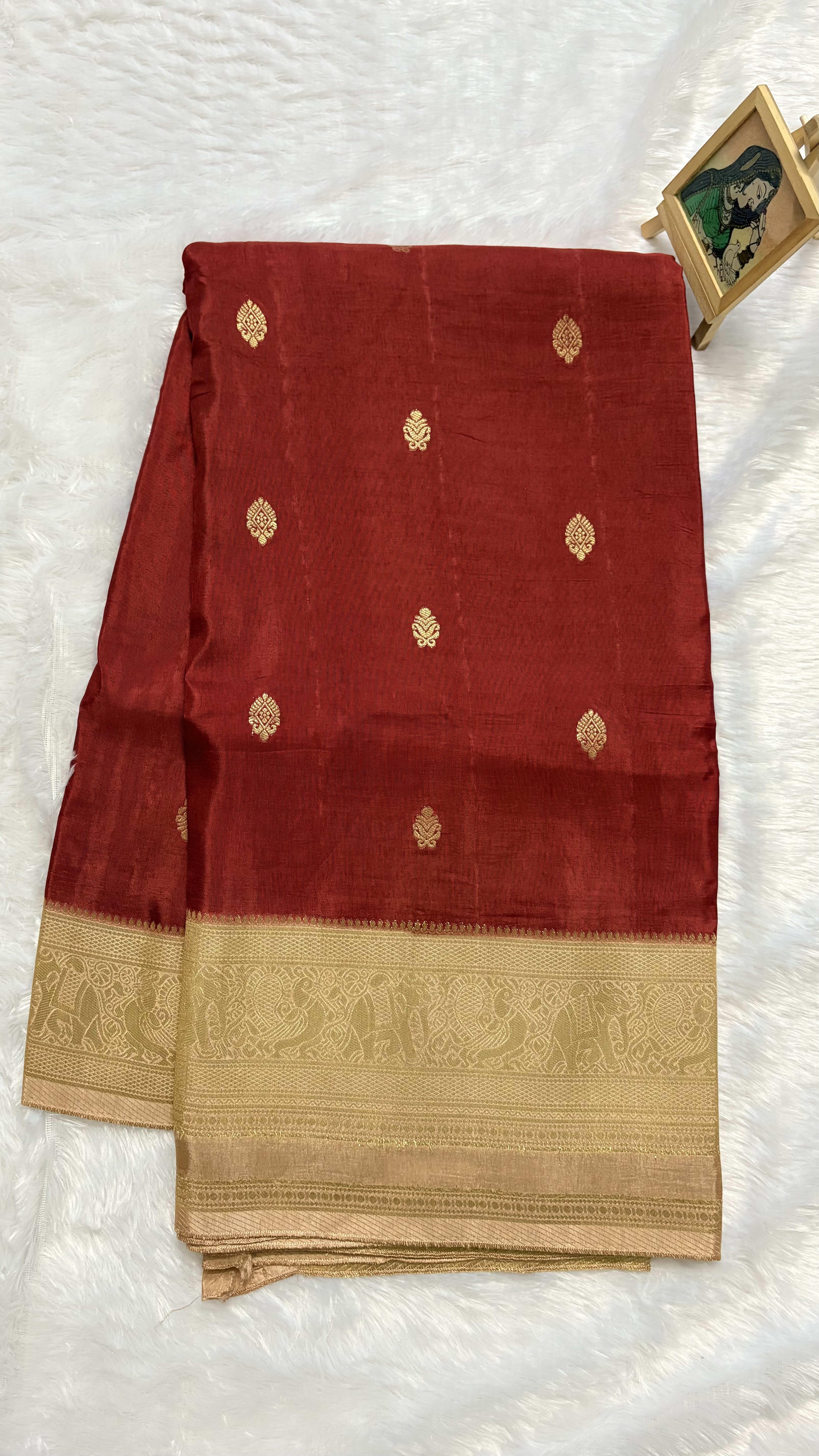Russian Crepe Saree - Red and Beigee — Red/Maroon Banarasi Crepe saree