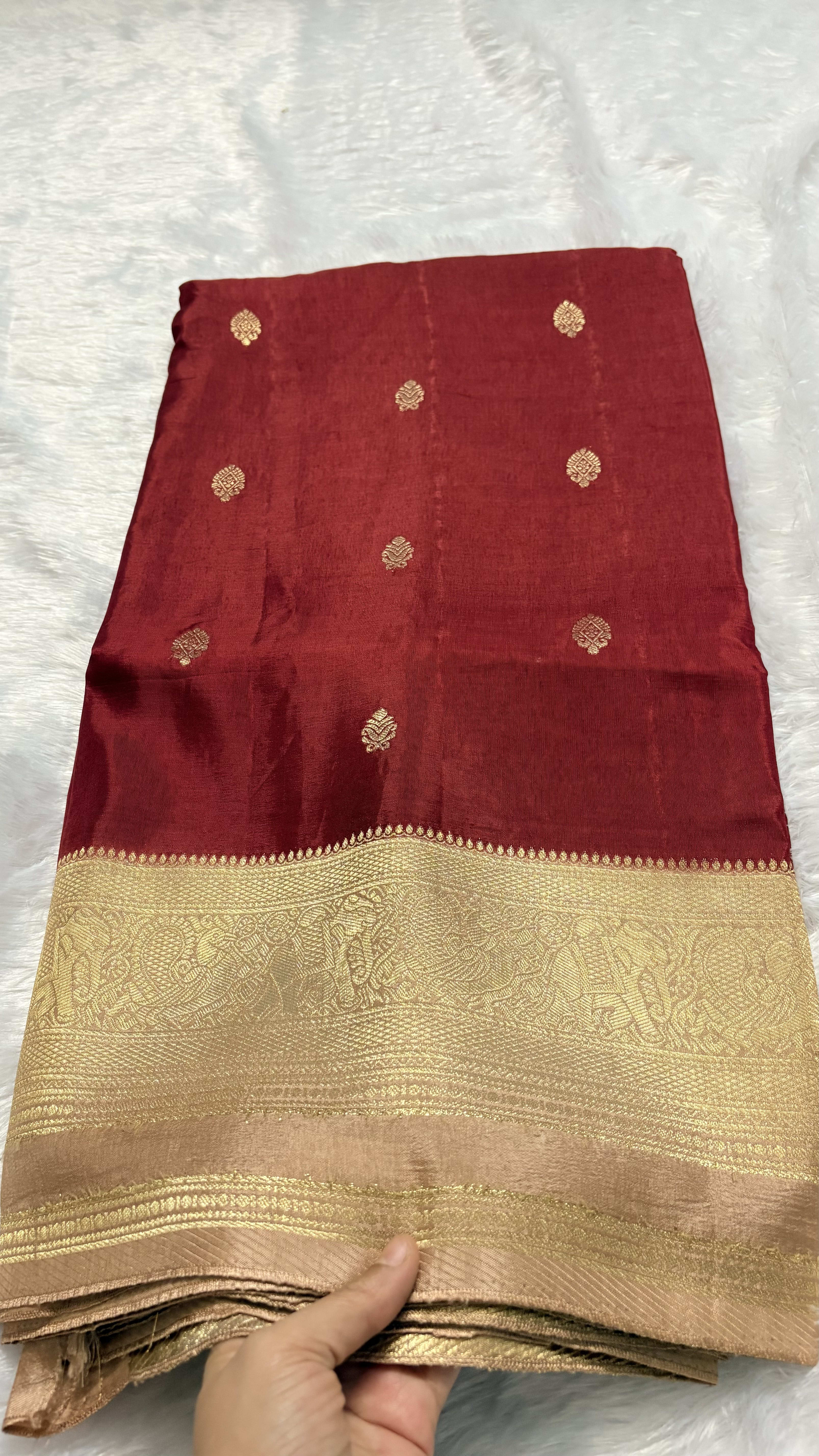 Russian Crepe Saree - Red and Beigee — Red/Maroon Banarasi Crepe saree