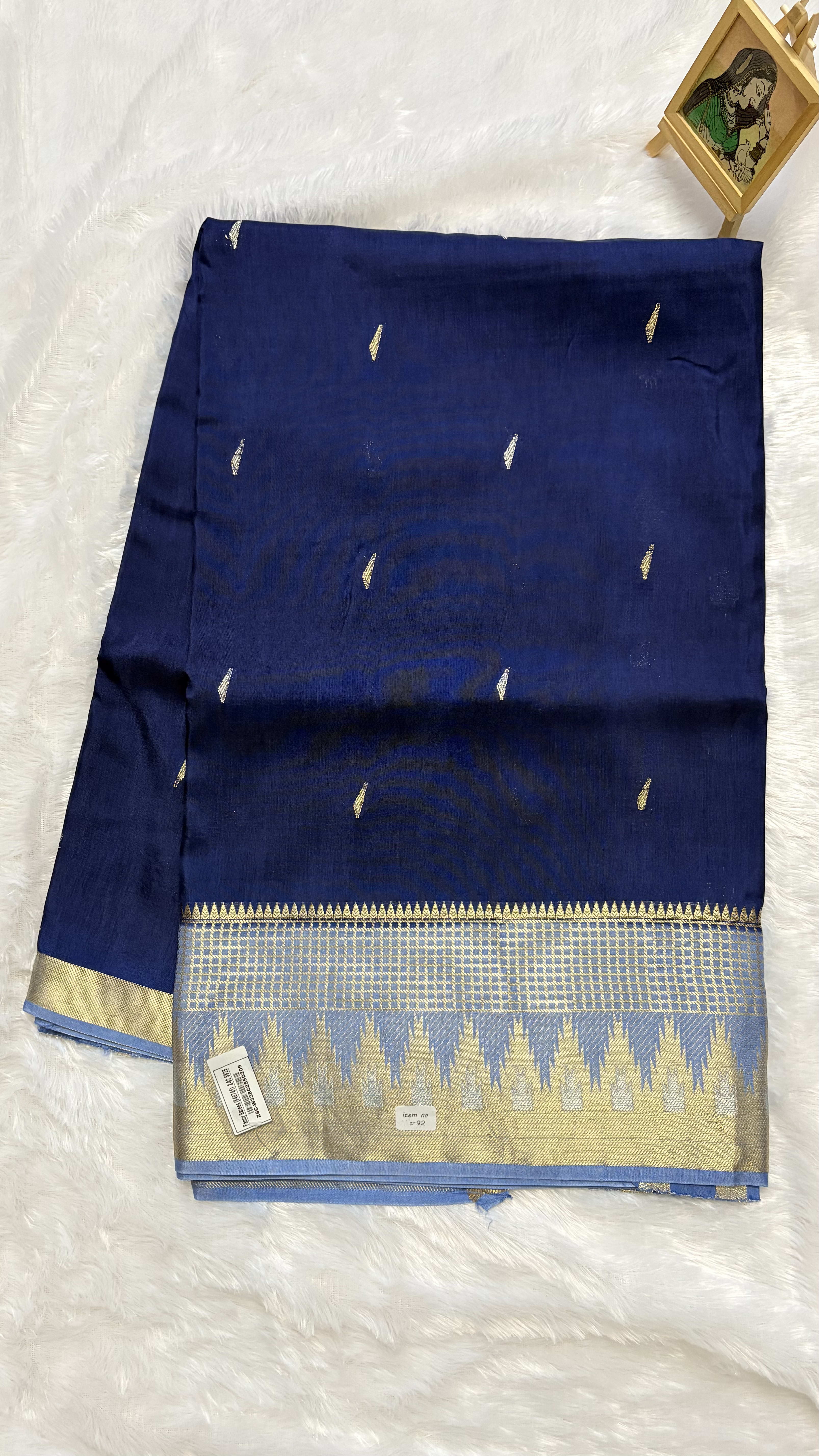 Viscose Silk Saree - Navy and Ice Blue temple — Blue Banarasi Crepe saree