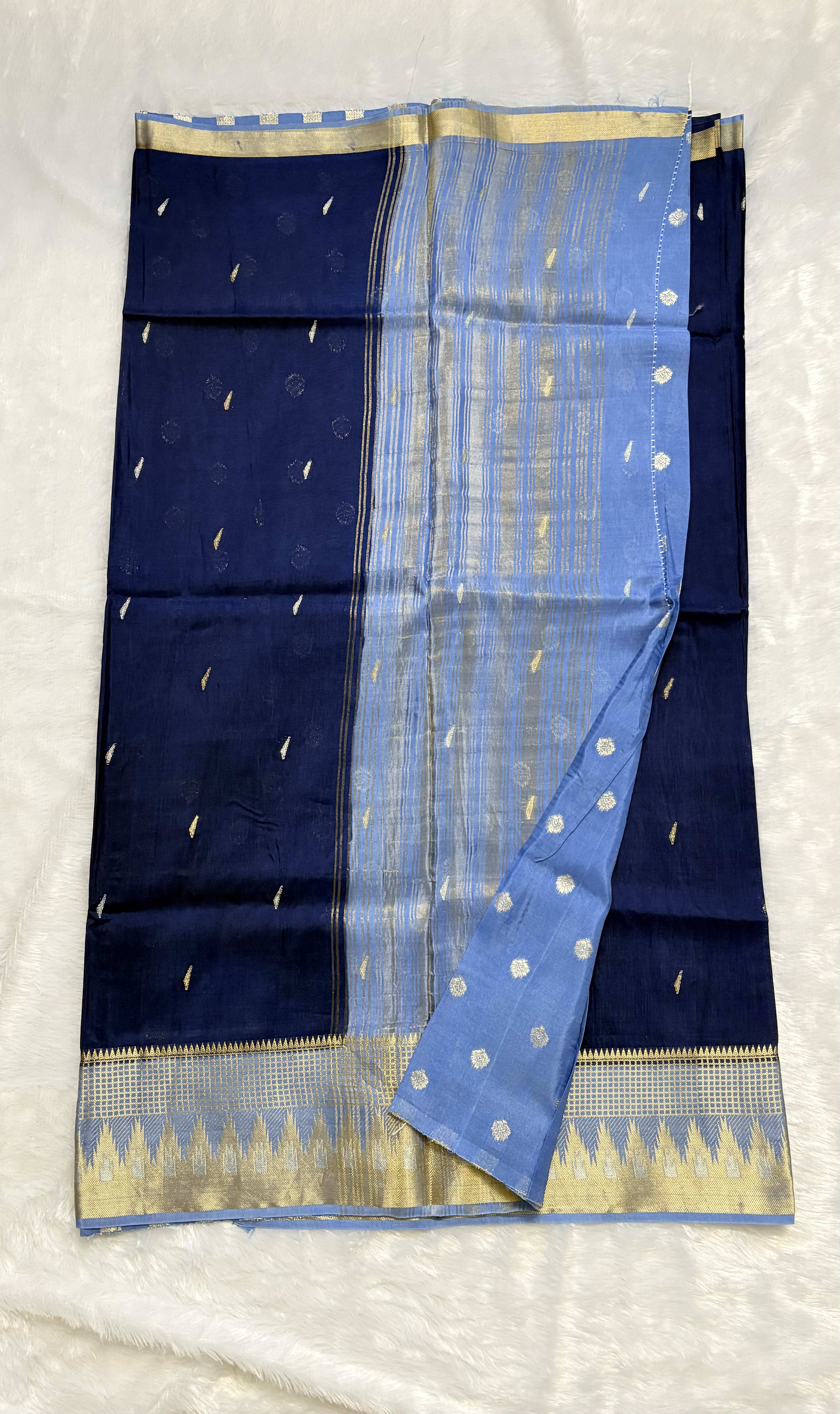 Viscose Silk Saree - Navy and Ice Blue temple — Blue Banarasi Crepe saree