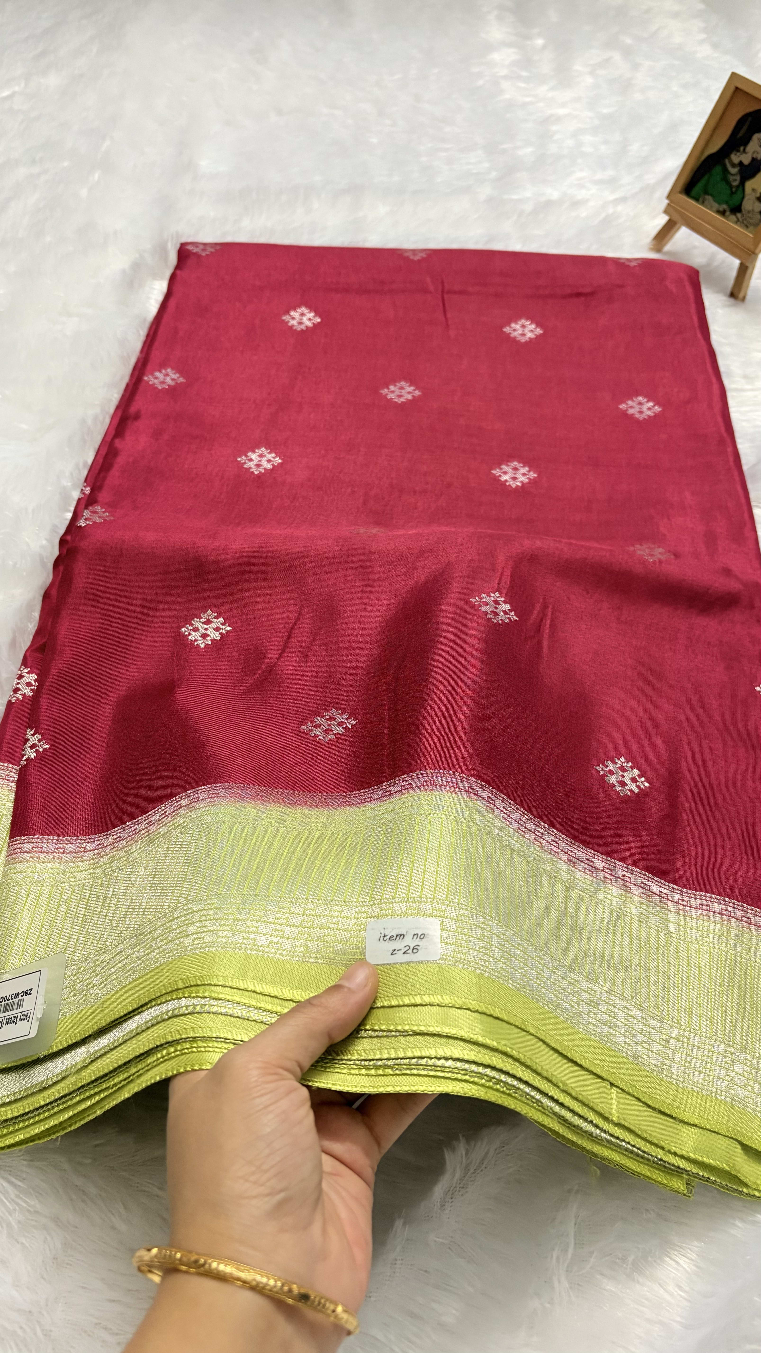 Viscose Silk Saree - Pink and Neon green — Pink/Peach Banarasi Crepe saree
