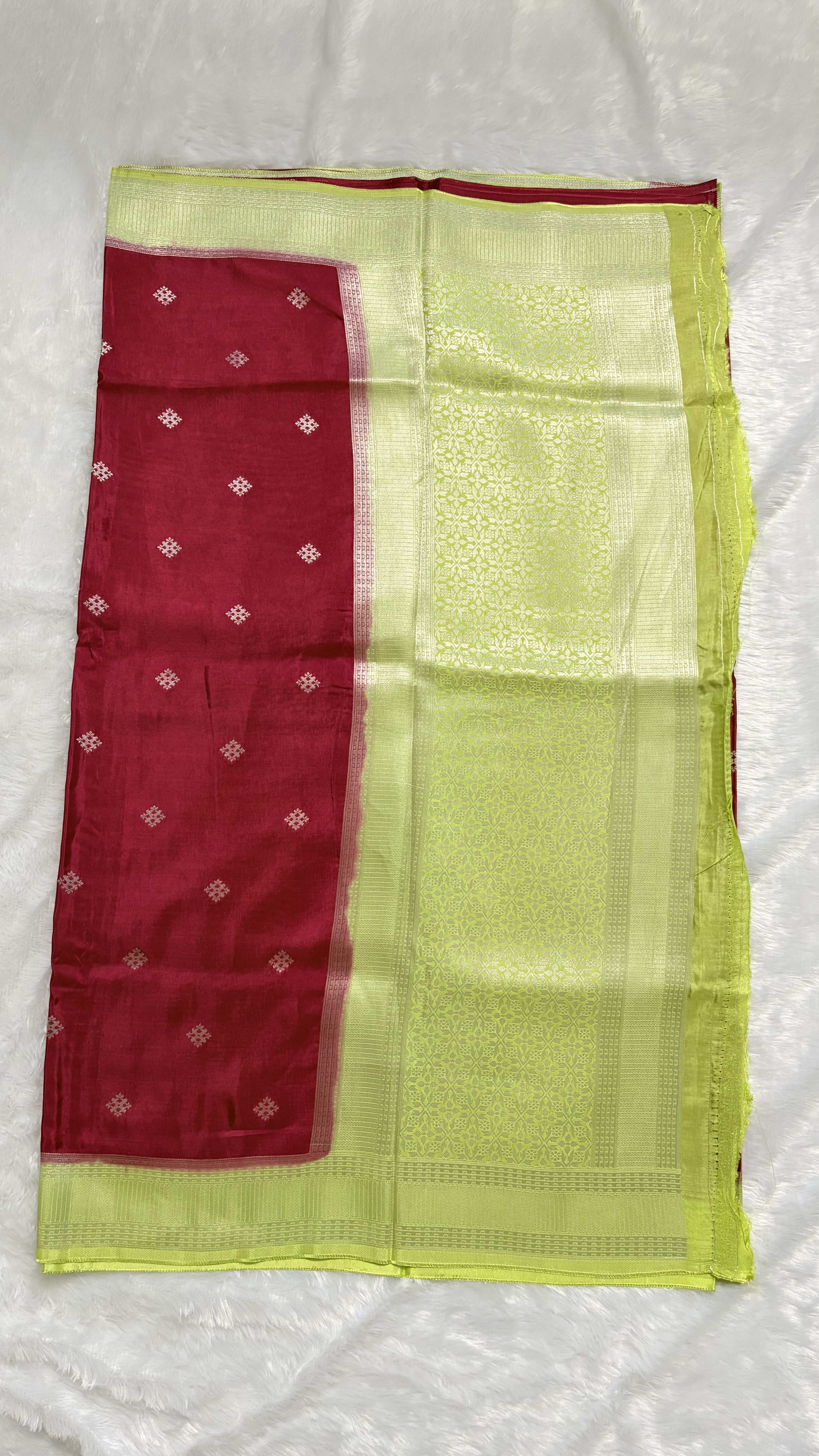 Viscose Silk Saree - Pink and Neon green — Pink/Peach Banarasi Crepe saree