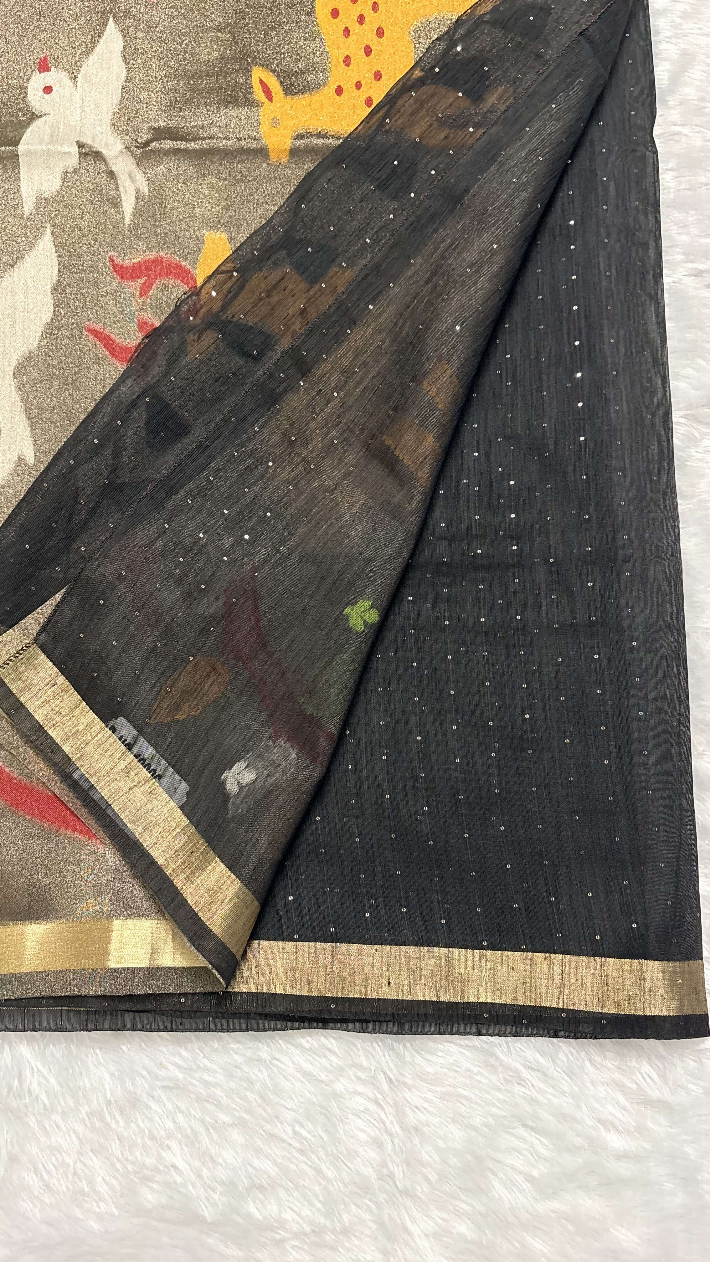 Jute Munga Sarees with Jamdani Pallu Black — Black/Grey Jamdani Jute Munga saree