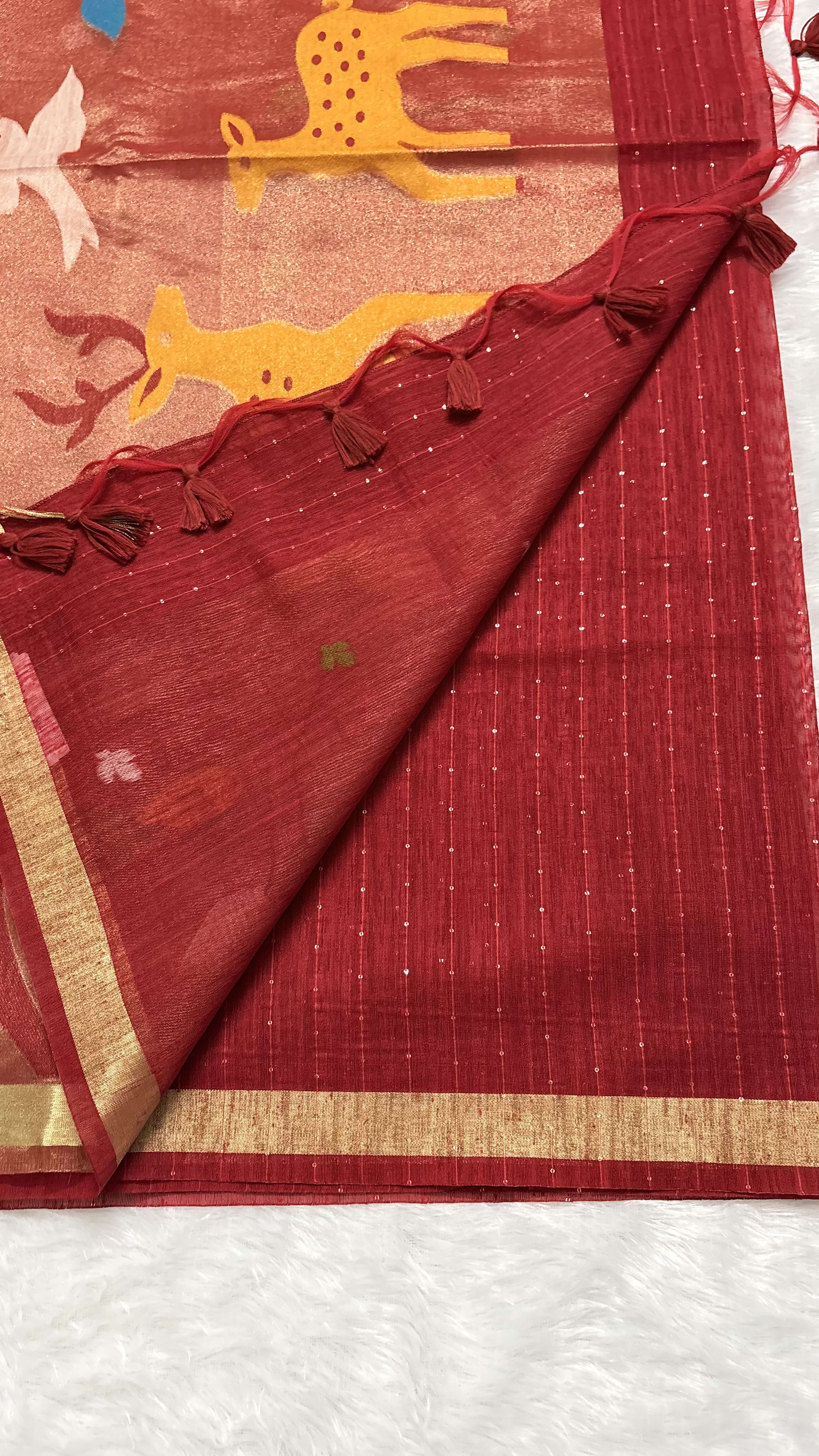 Jute Munga Sarees with Jamdani Pallu Red — Red/Maroon Jamdani Jute Munga saree
