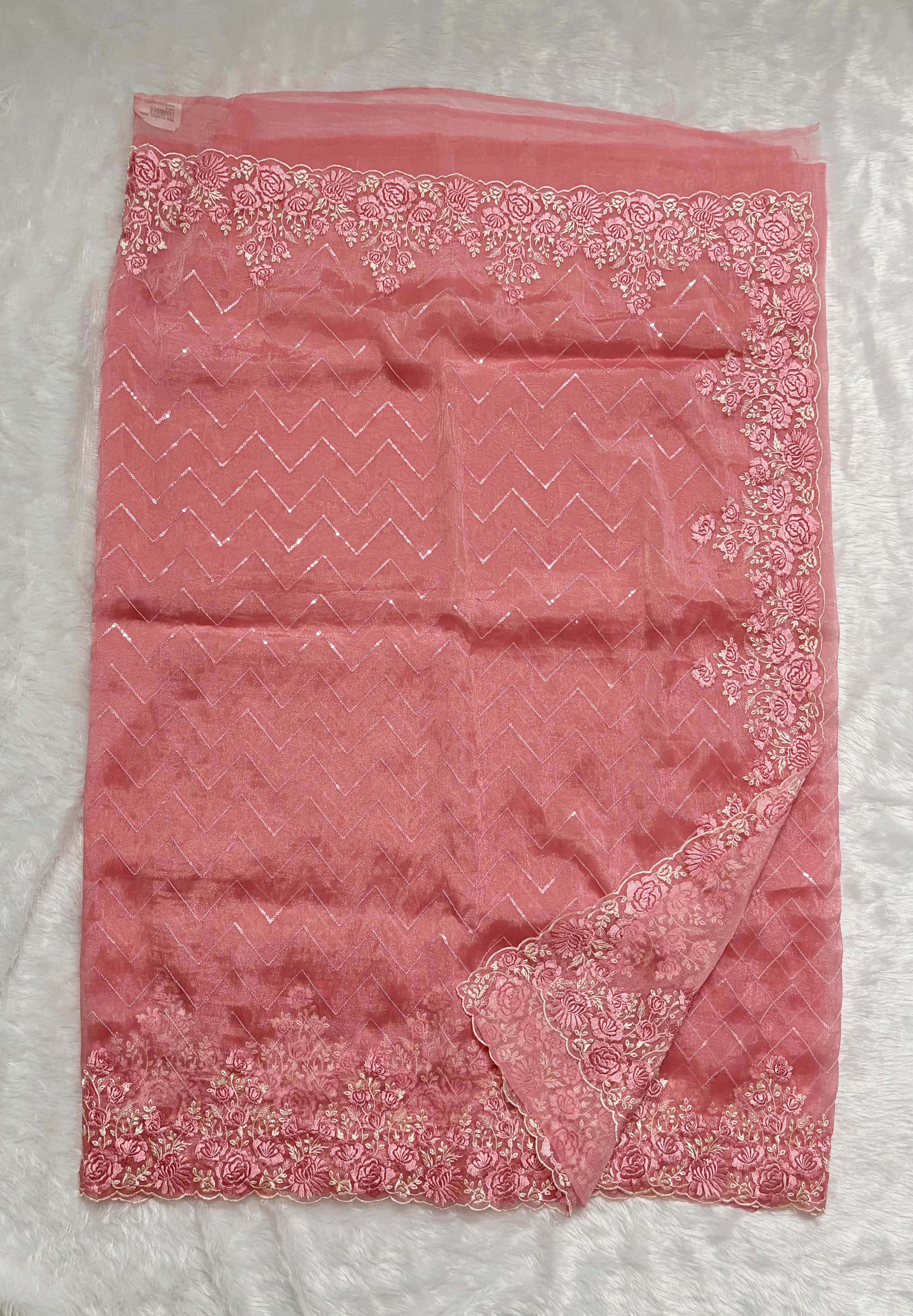 Organza sarees with Embroidery - Pink — Pink/Peach Chanderi Organza saree