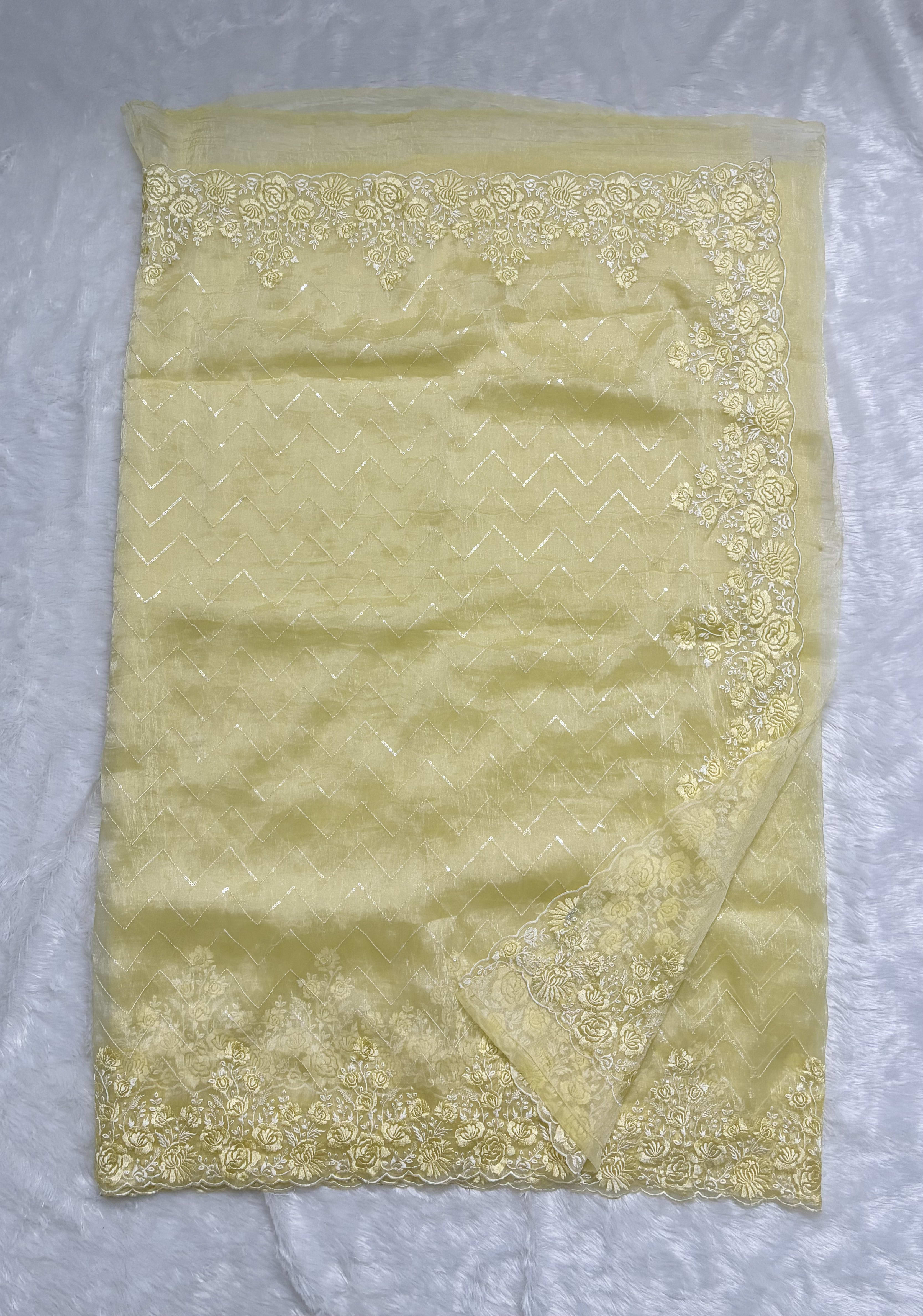 Organza sarees with Embroidery - Lemon Yellow — Yellow Chanderi Organza saree