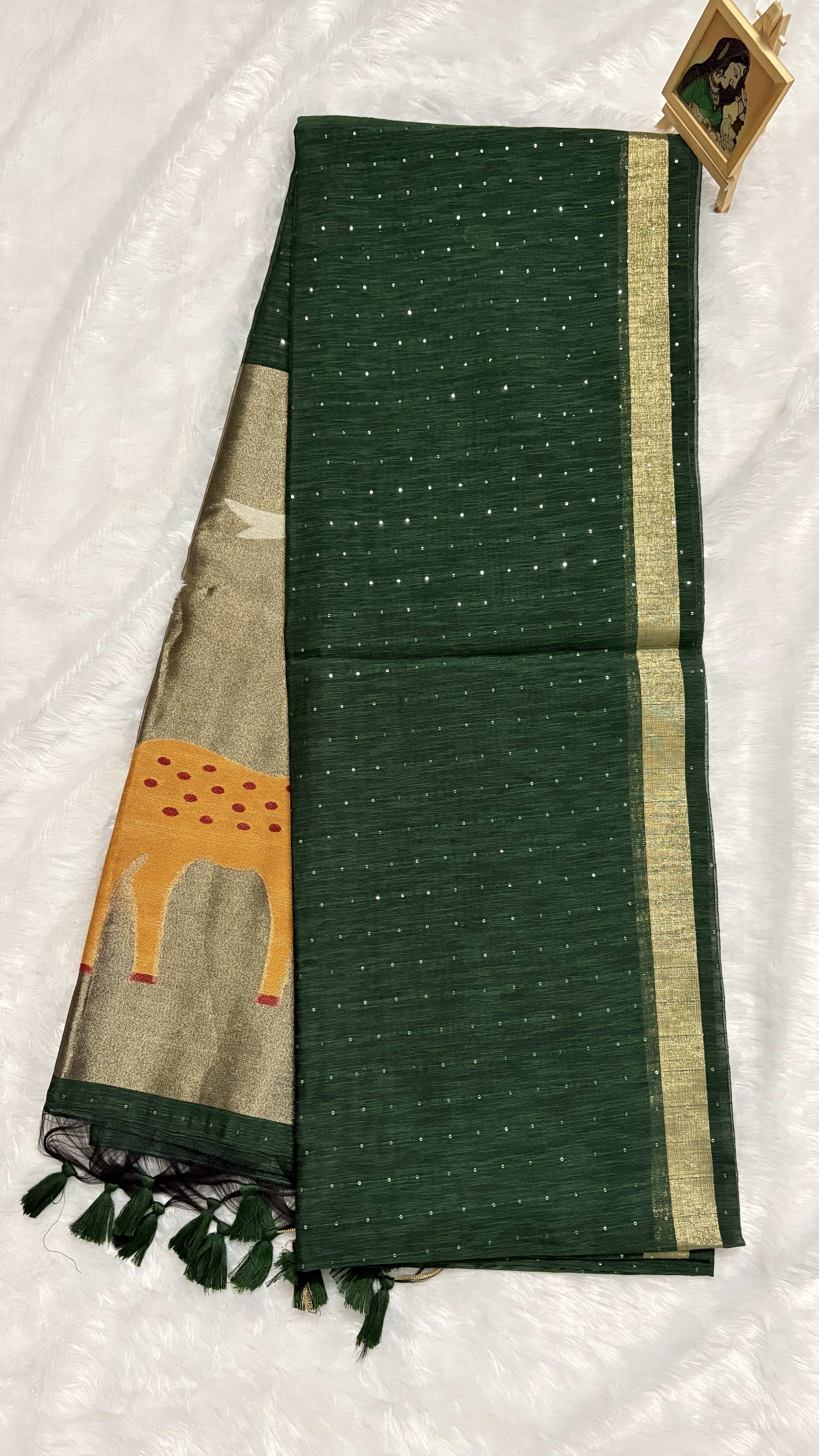 Jute Munga Sarees with Jamdani Pallu Bottle Green — Green Jamdani Jute Munga saree