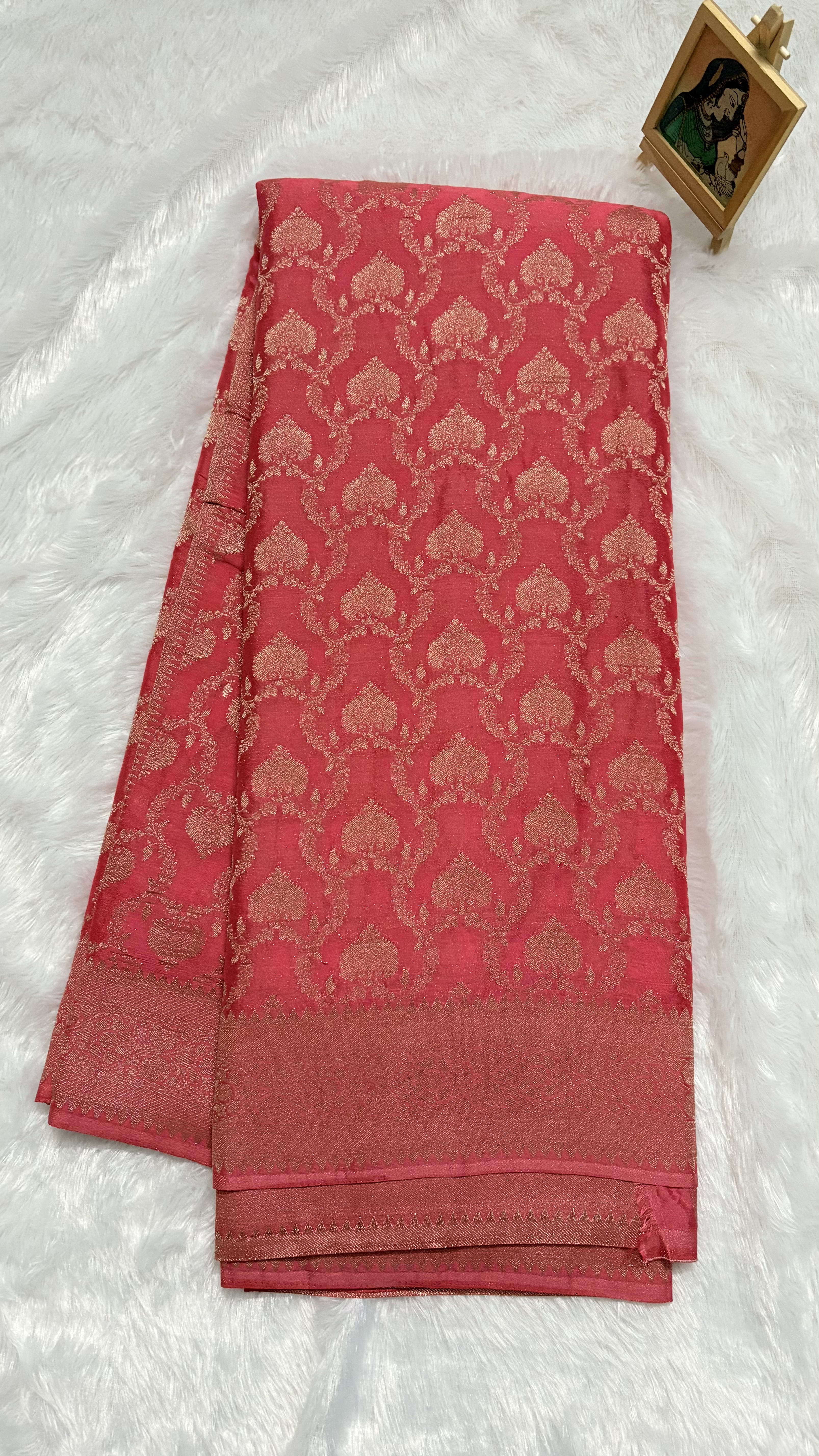Crush Crepe Saree with Self Colour - Pink — Pink/Peach Banarasi Crepe saree