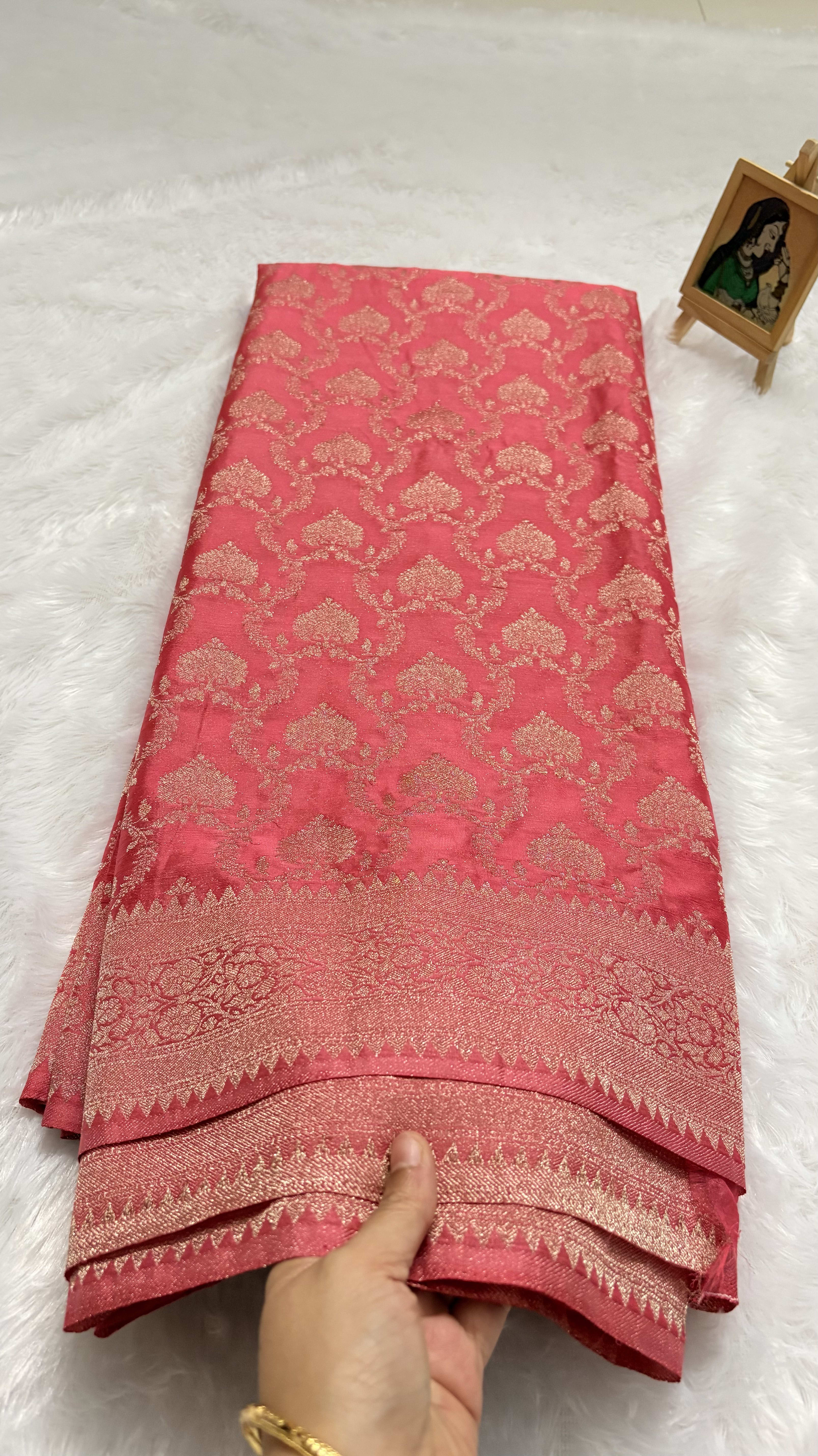 Crush Crepe Saree with Self Colour - Pink — Pink/Peach Banarasi Crepe saree