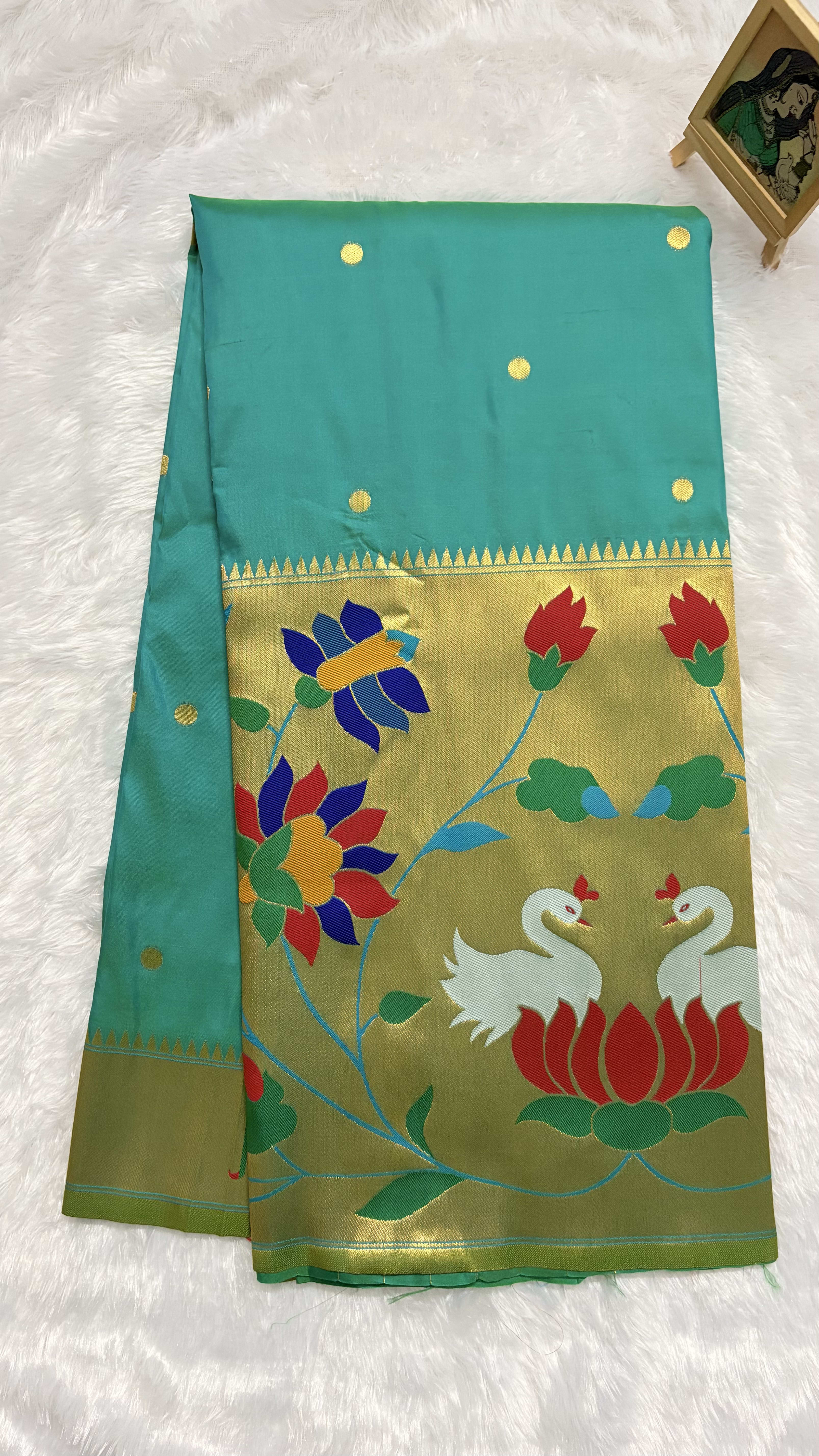 Art silk Sarees with Paithani Skirt Border - Rama Green — Green Paithani Art Silk saree