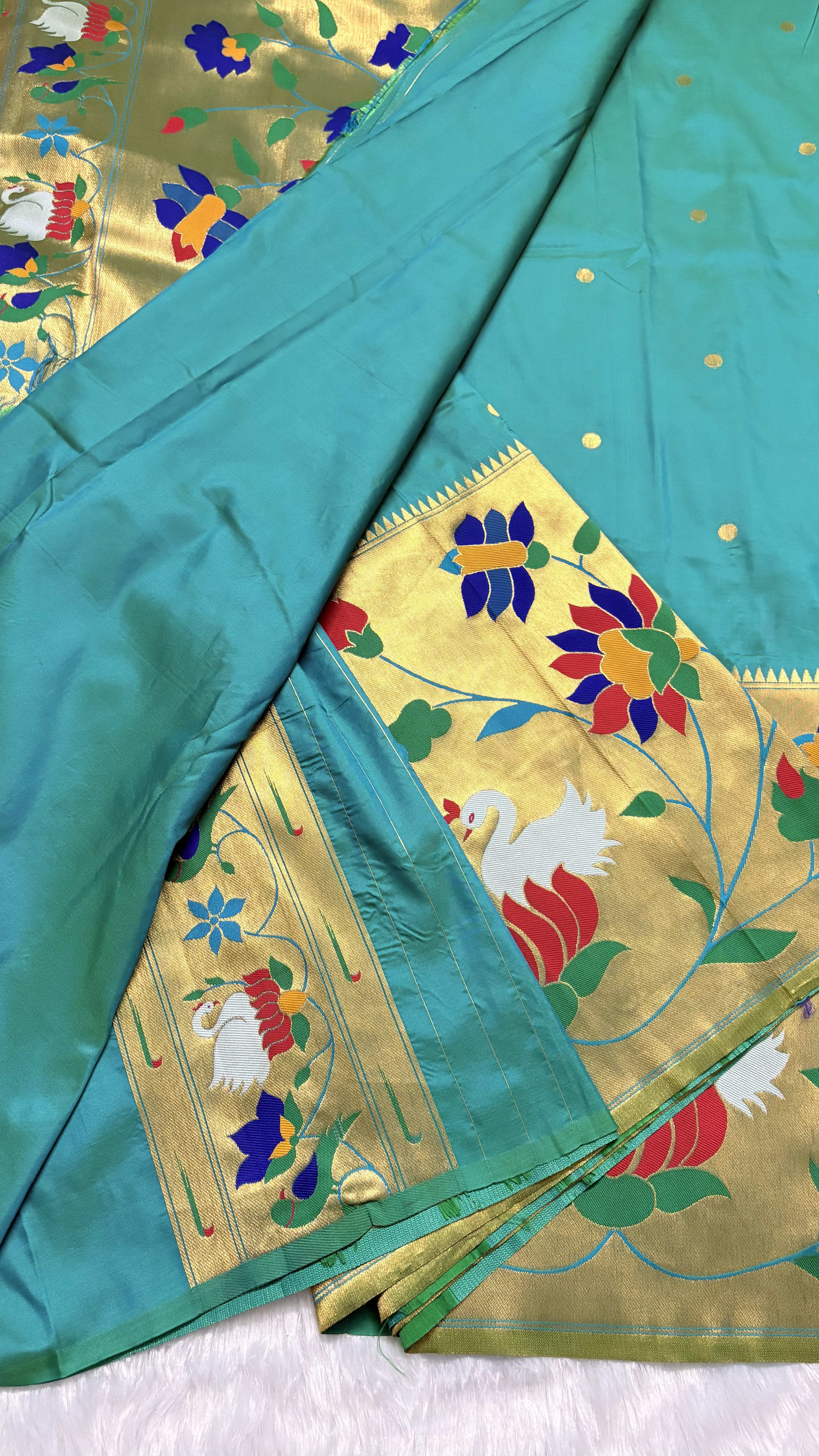 Art silk Sarees with Paithani Skirt Border - Rama Green — Green Paithani Art Silk saree