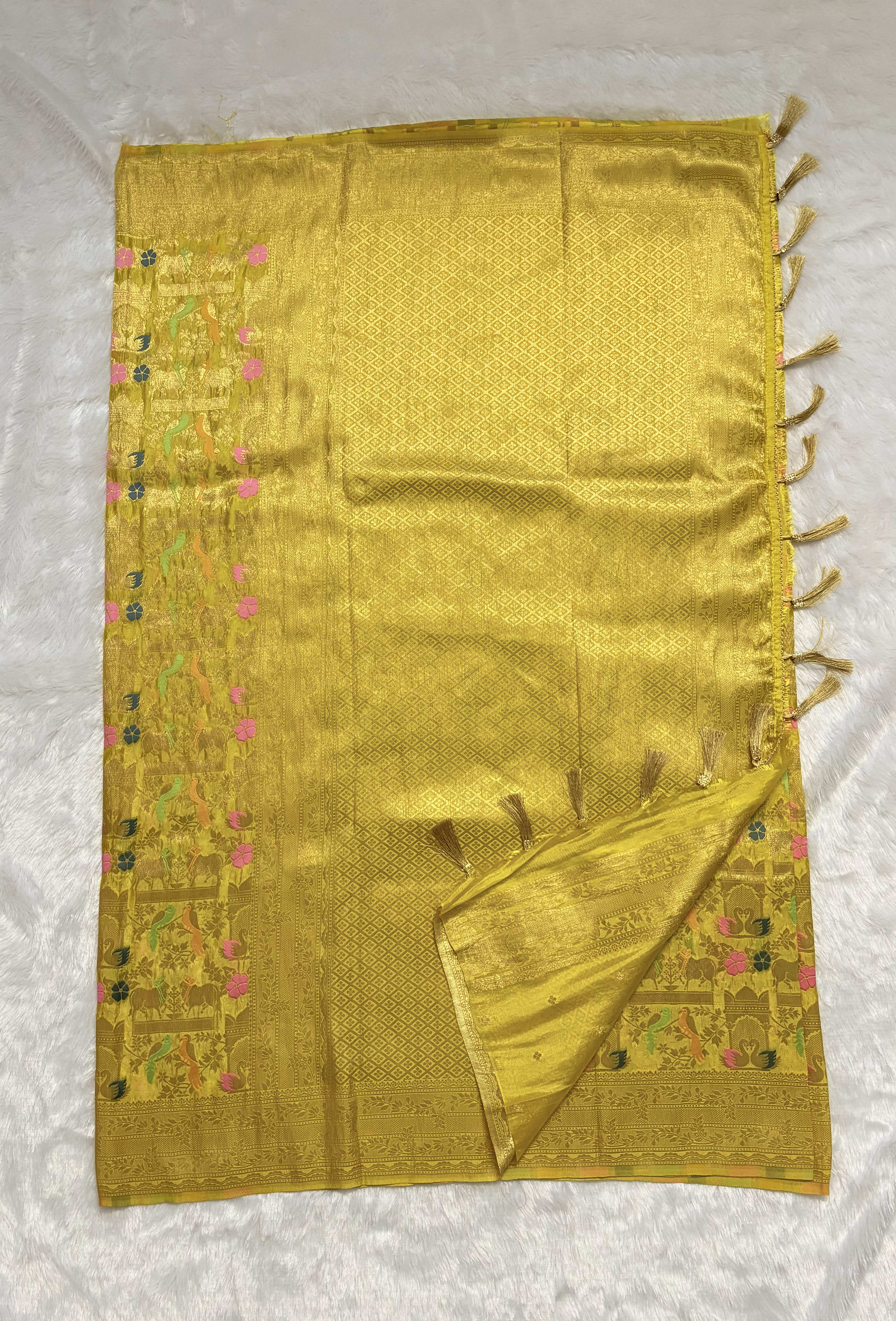 Crepe sarees with all over weaving Yellow — Yellow Banarasi Crepe saree