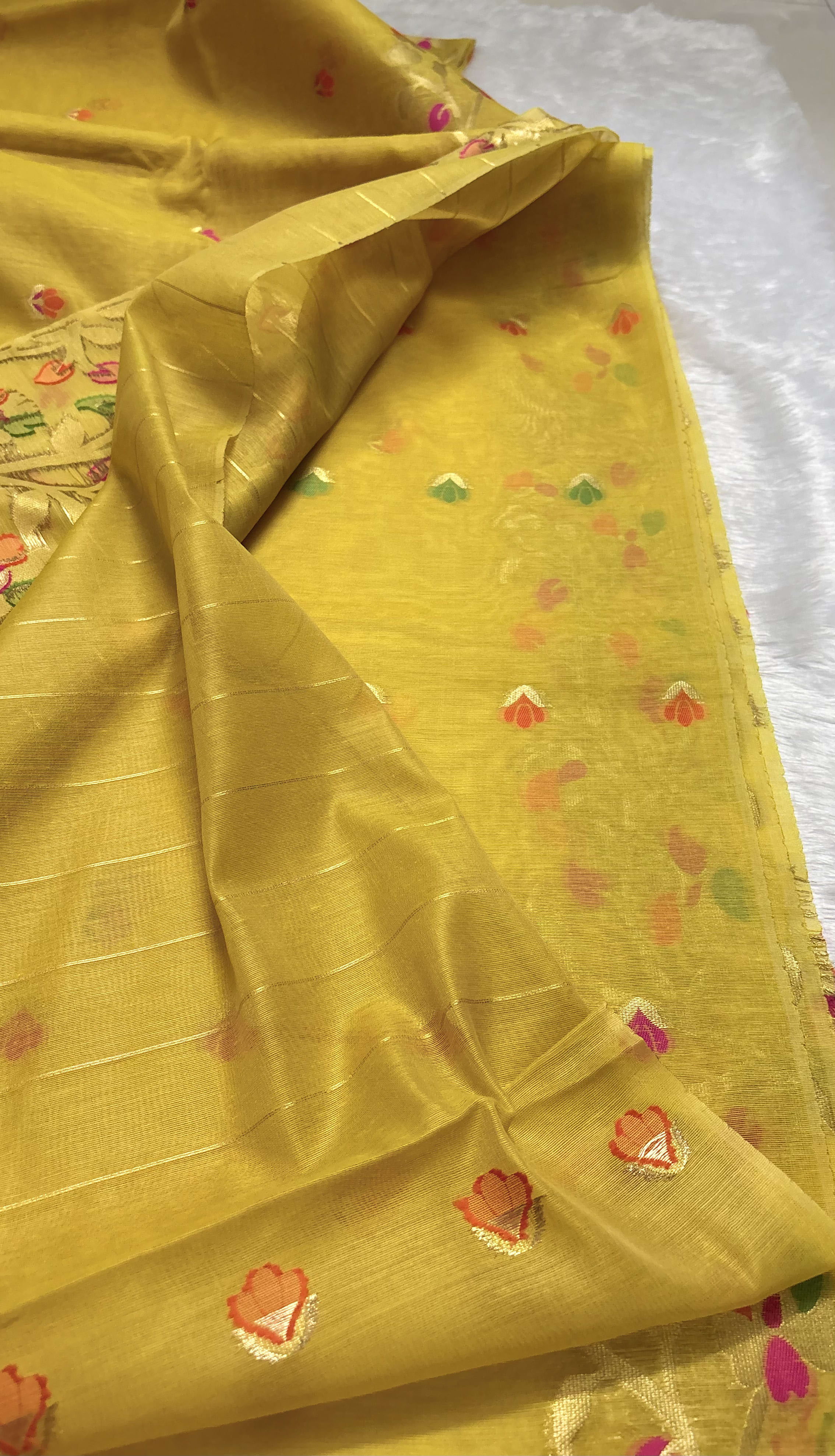Linen Cotton saree with butta Jamdani weave - Yellow — Yellow Jamdani Linen saree