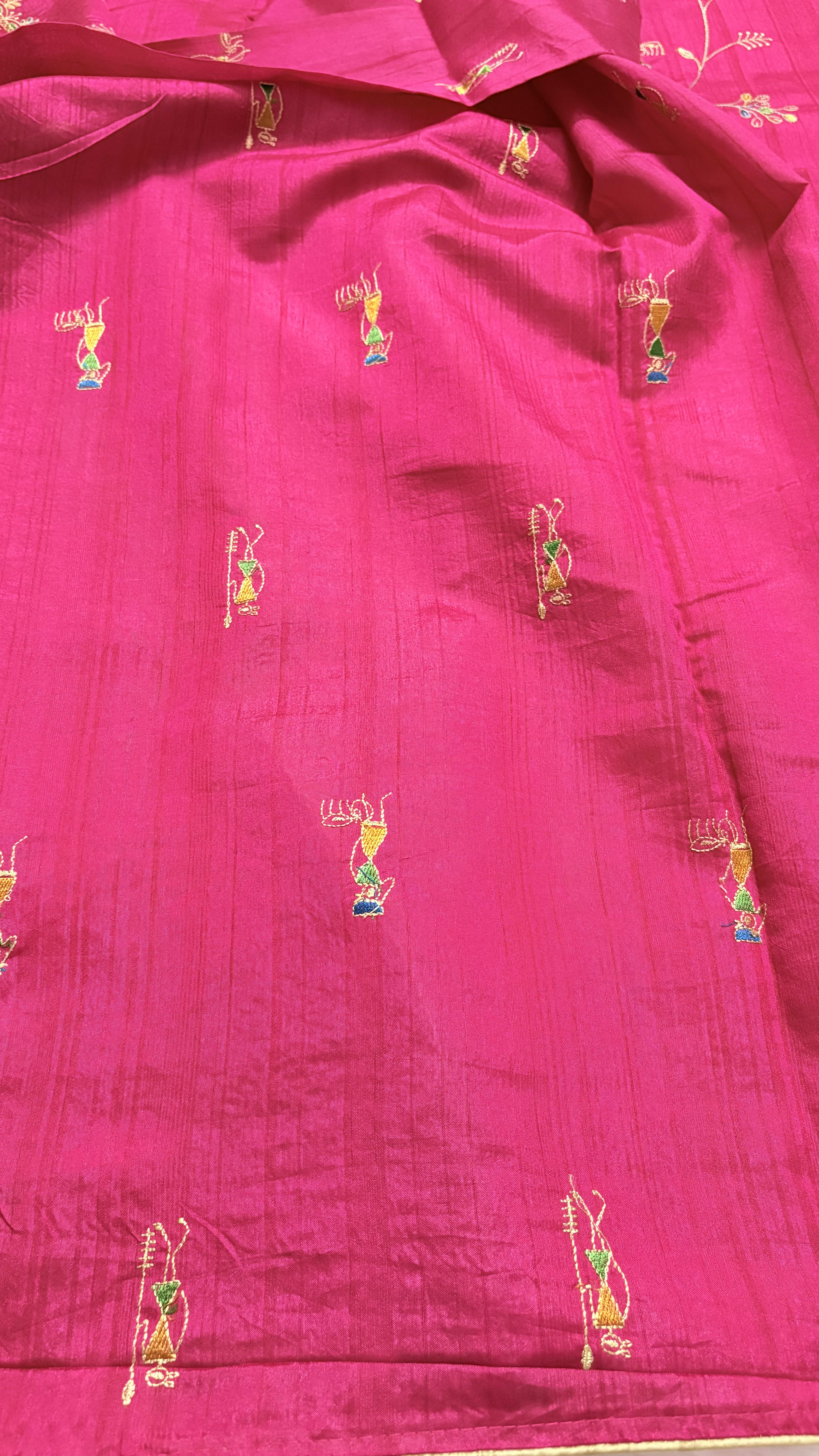 Semi Tussar saree with all over Embriodery work - Pink — Pink/Peach Chanderi Tussar saree