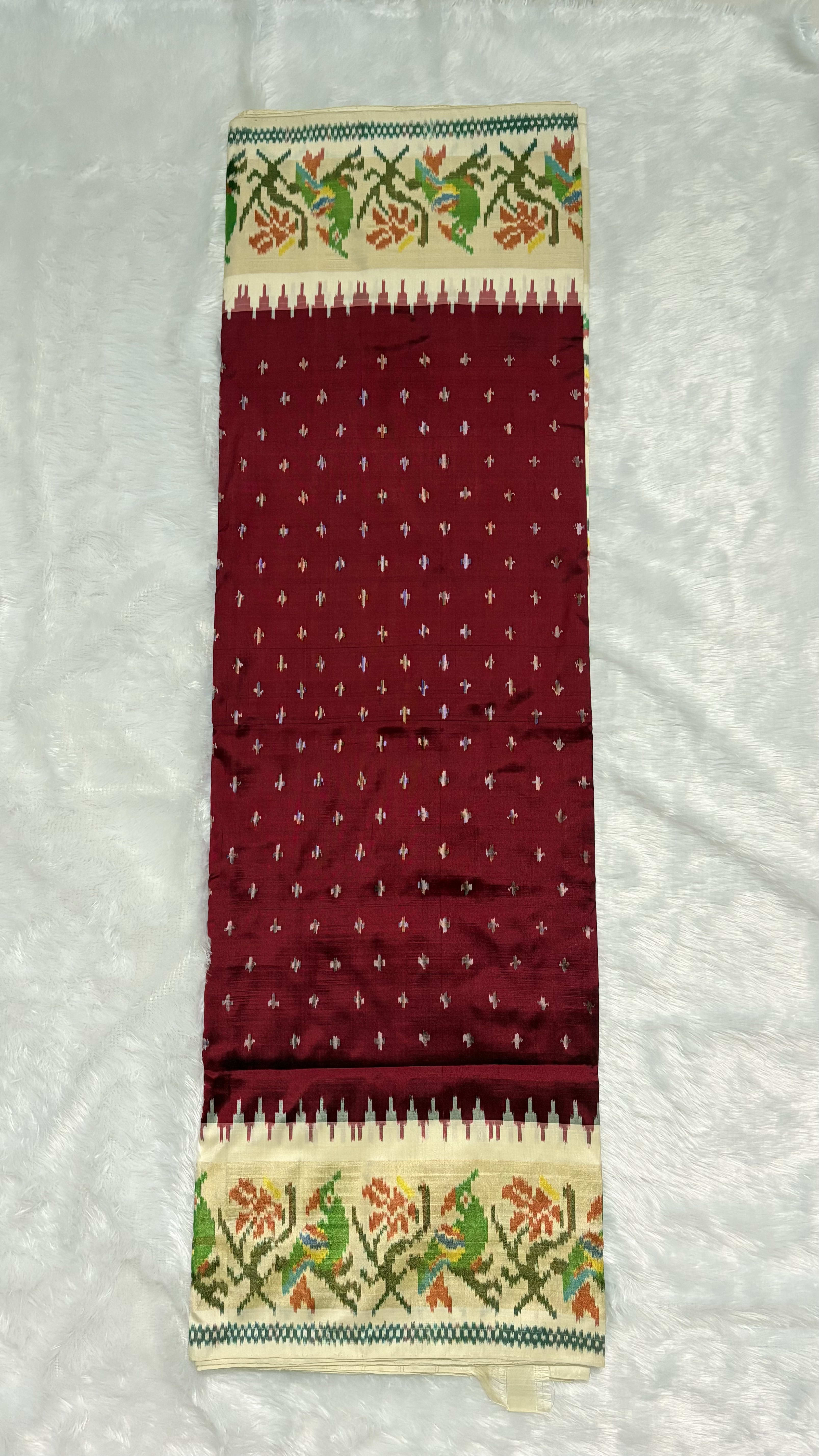 Pure Ikkat Silk Saree with Paithani border Maroon — Red/Maroon Pochampally/Ikat Silk saree