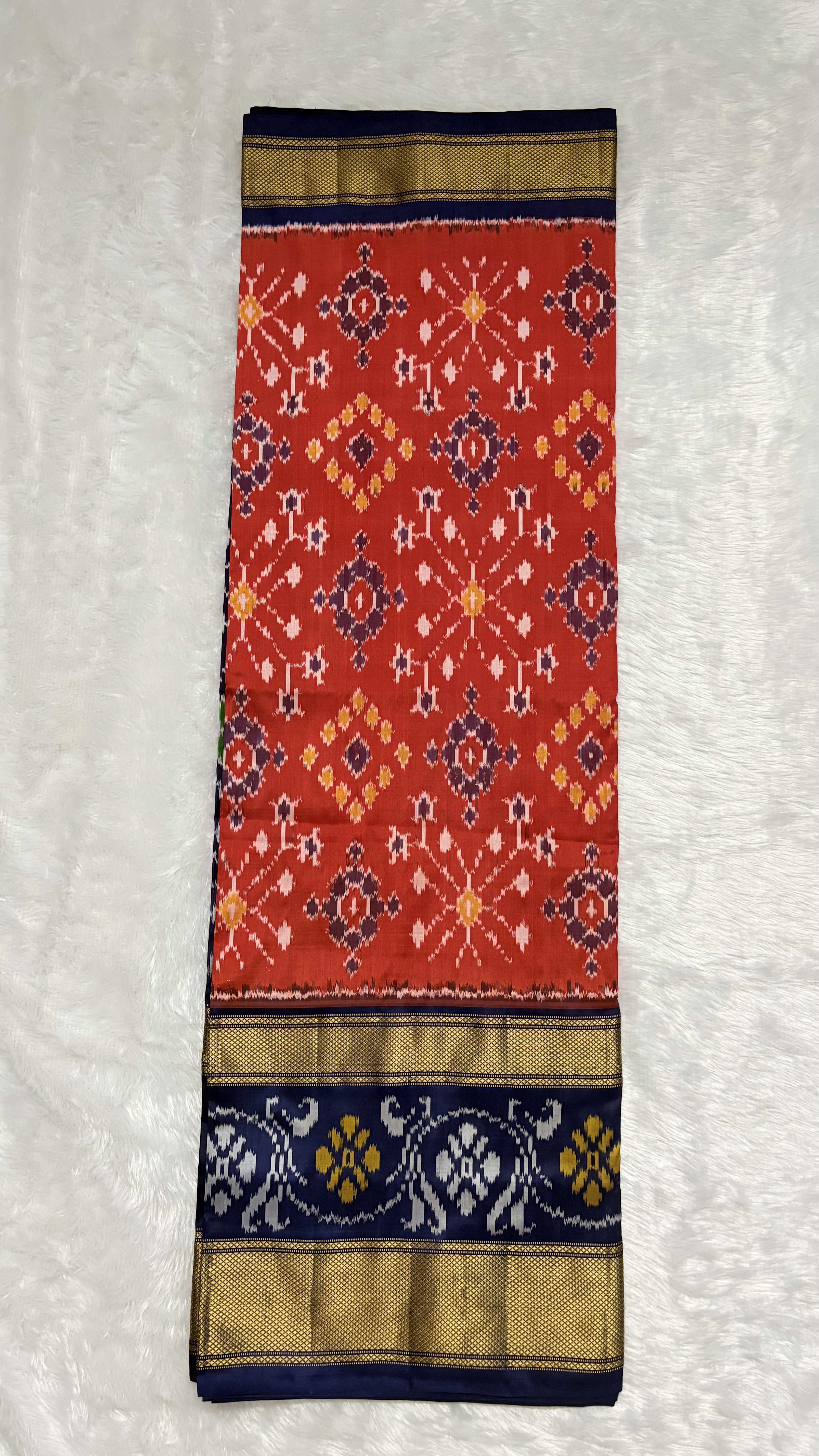 Pure Ikkat Silk Saree with Khaddi border Orange — Orange Pochampally/Ikat Silk saree