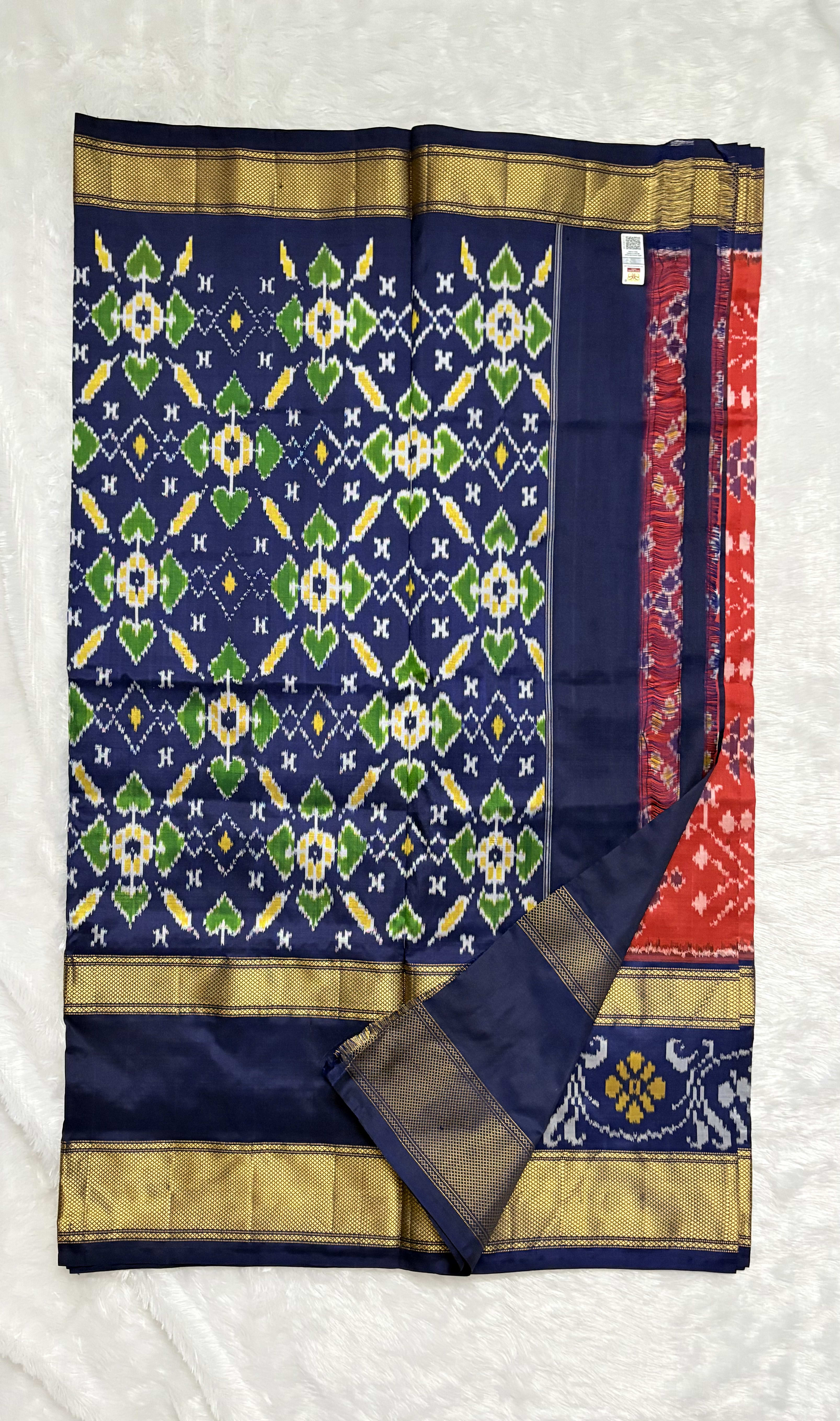 Pure Ikkat Silk Saree with Khaddi border Orange — Orange Pochampally/Ikat Silk saree