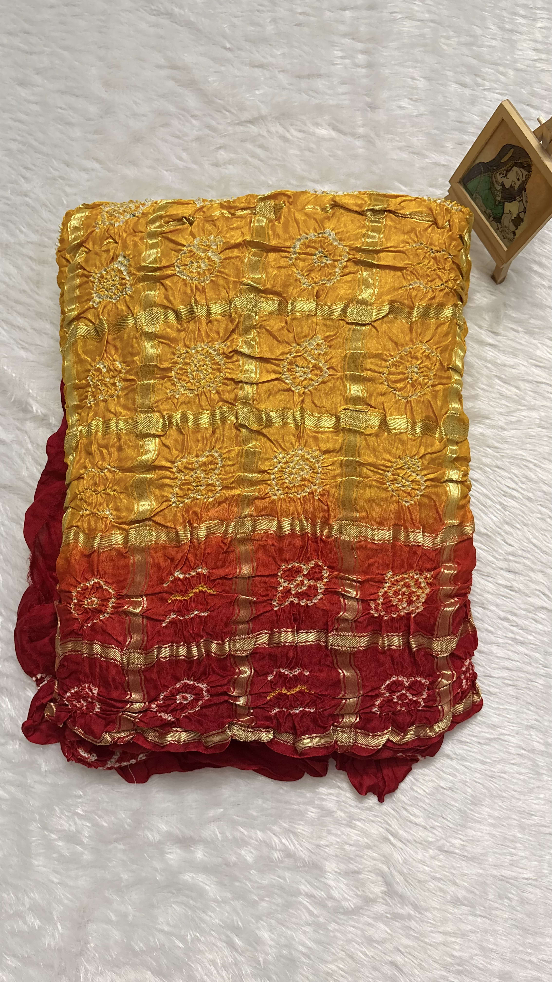 Pure Gajji Silk Saree with Gharchola Bandhani pattern - Yellow and red — Yellow Bandhani Gajji Silk saree