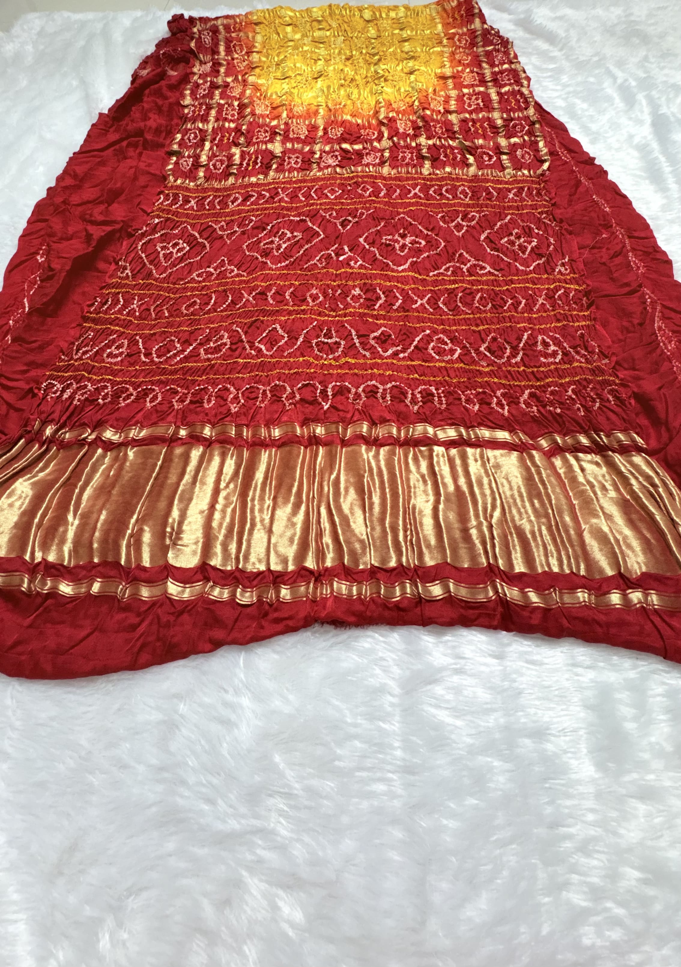 Pure Gajji Silk Saree with Gharchola Bandhani pattern - Yellow and red — Yellow Bandhani Gajji Silk saree