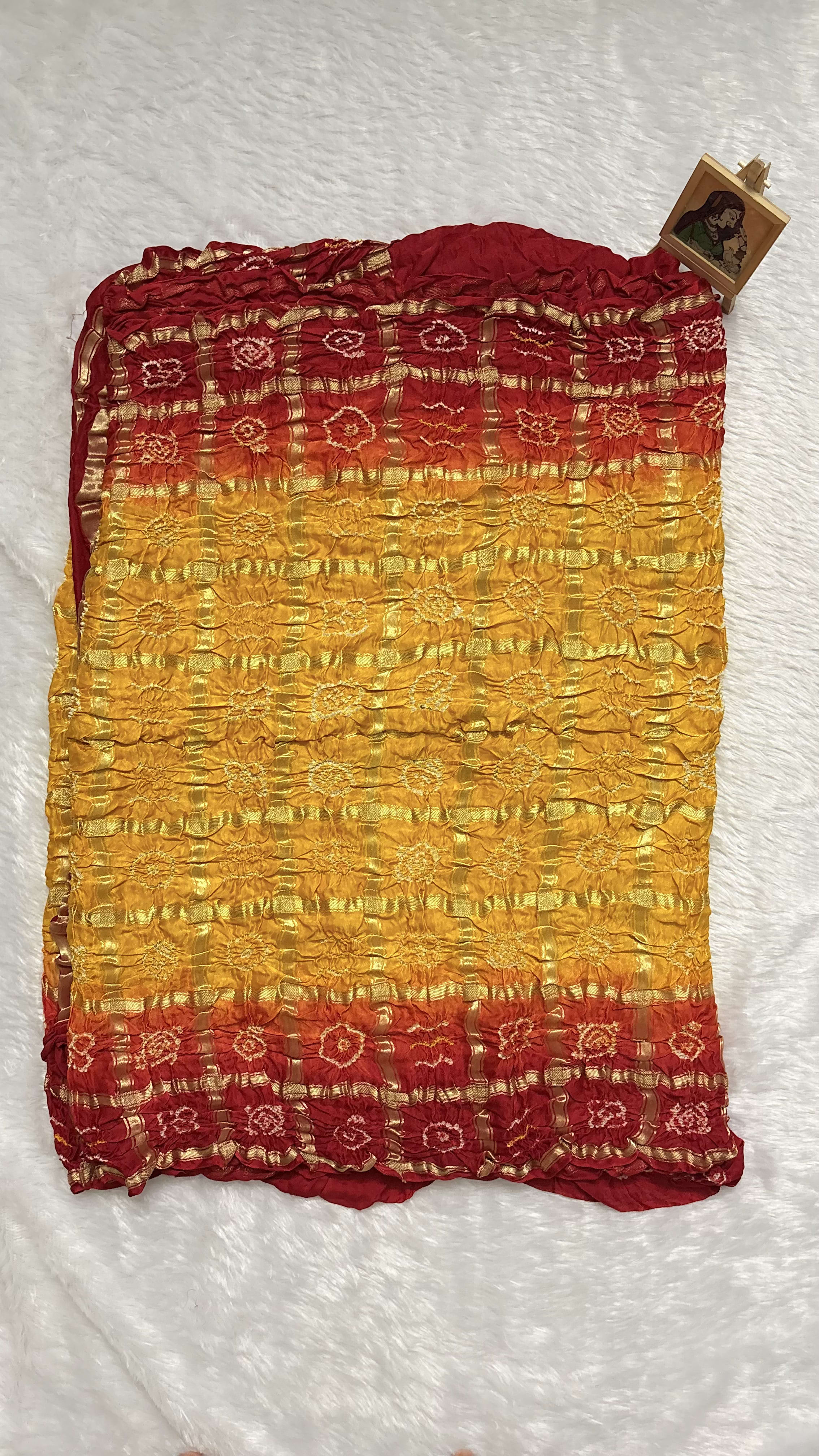 Pure Gajji Silk Saree with Gharchola Bandhani pattern - Yellow and red — Yellow Bandhani Gajji Silk saree