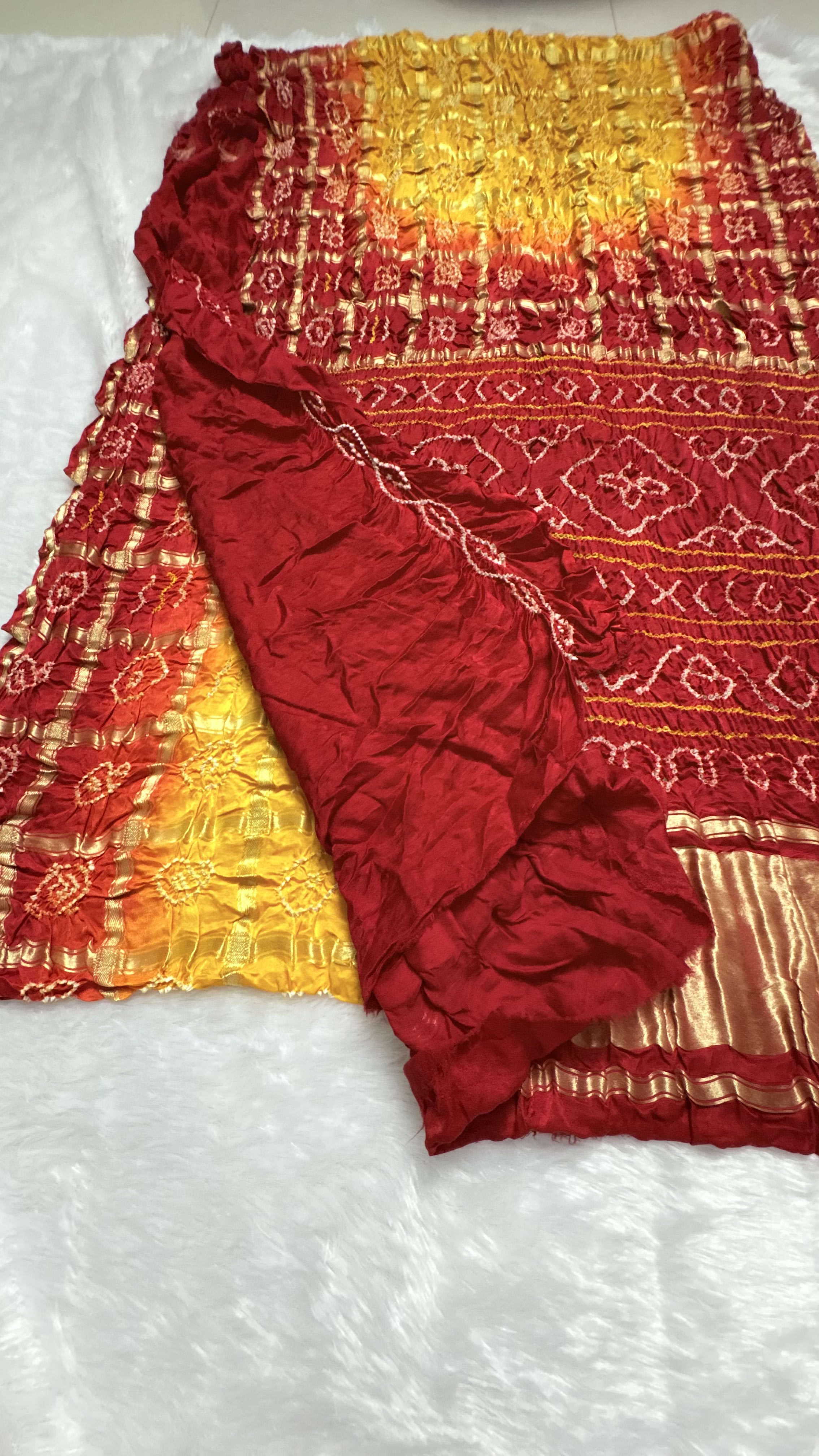 Pure Gajji Silk Saree with Gharchola Bandhani pattern - Yellow and red — Yellow Bandhani Gajji Silk saree