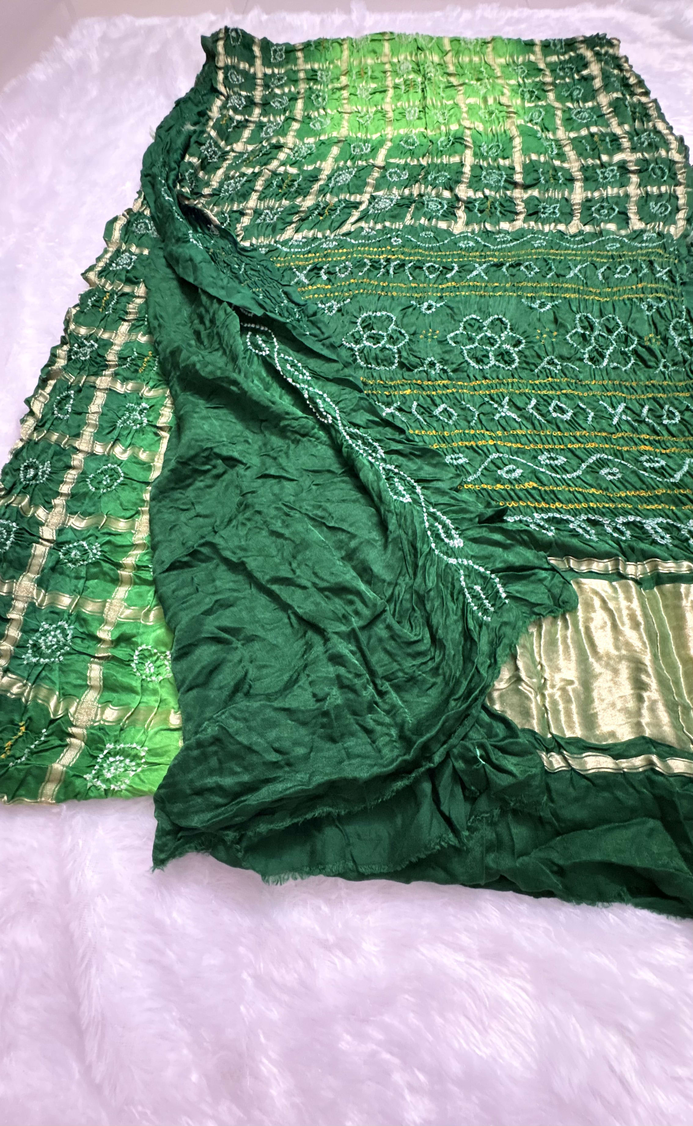 Pure Gajji Silk Saree with Gharchola Bandhani pattern - Green — Green Bandhani Gajji Silk saree