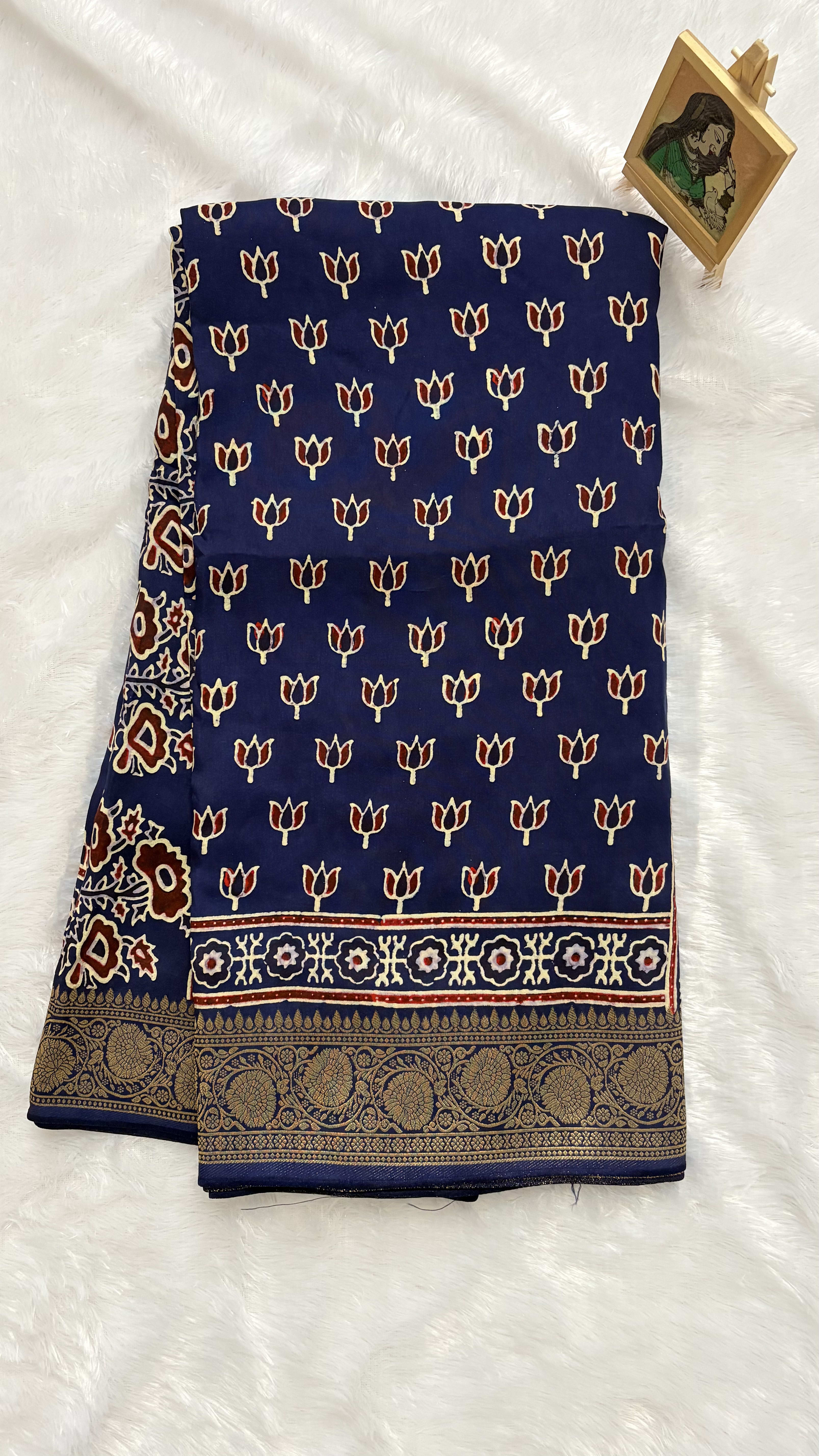 Pure Ajrakh Dola silk saree - Lotus motifs Blue — Blue Ajrakh Dola saree