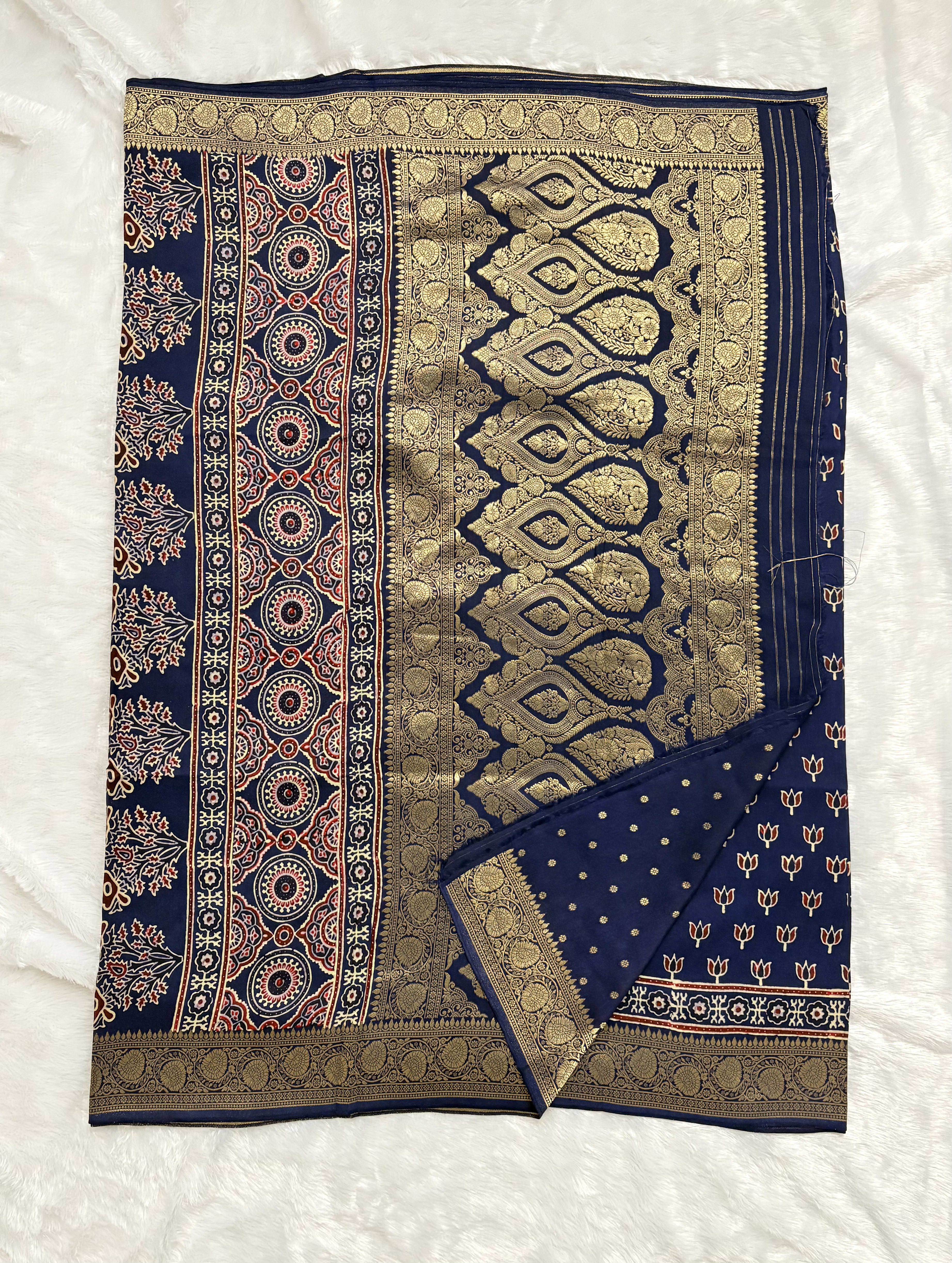 Pure Ajrakh Dola silk saree - Lotus motifs Blue — Blue Ajrakh Dola saree