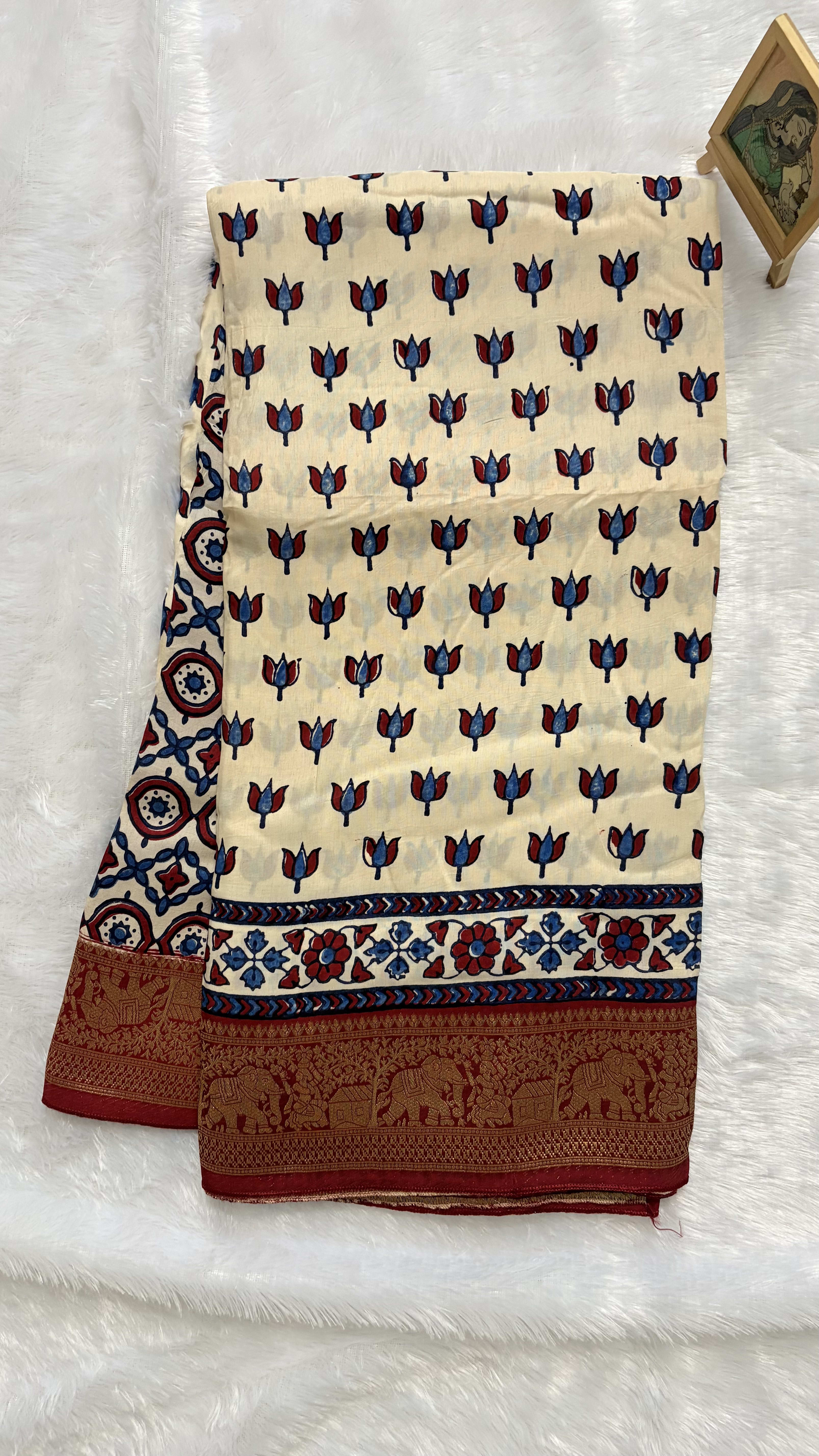 Pure Ajrakh Dola silk saree - Lotus motifs White — White/Cream Ajrakh Dola saree