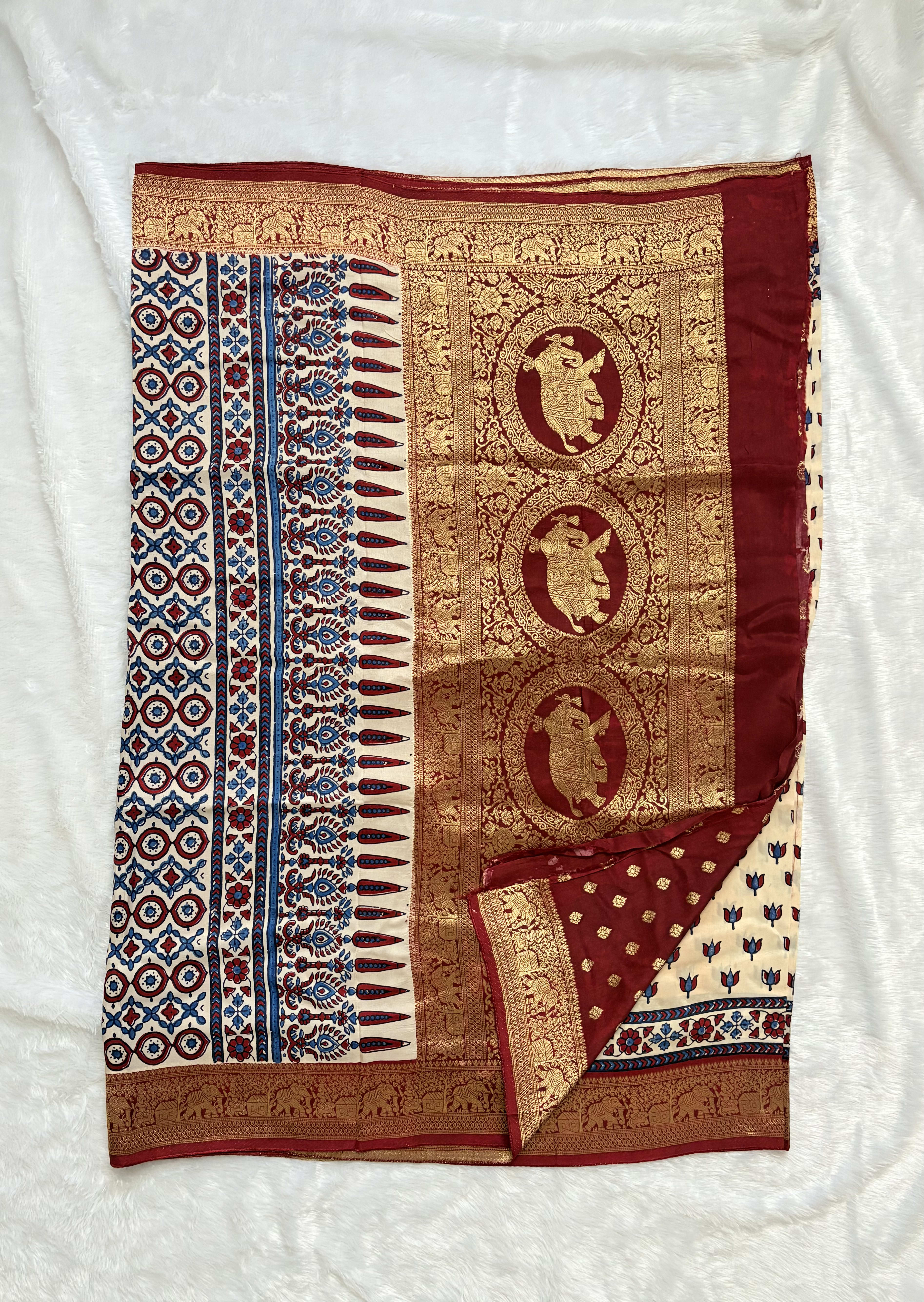Pure Ajrakh Dola silk saree - Lotus motifs White — White/Cream Ajrakh Dola saree