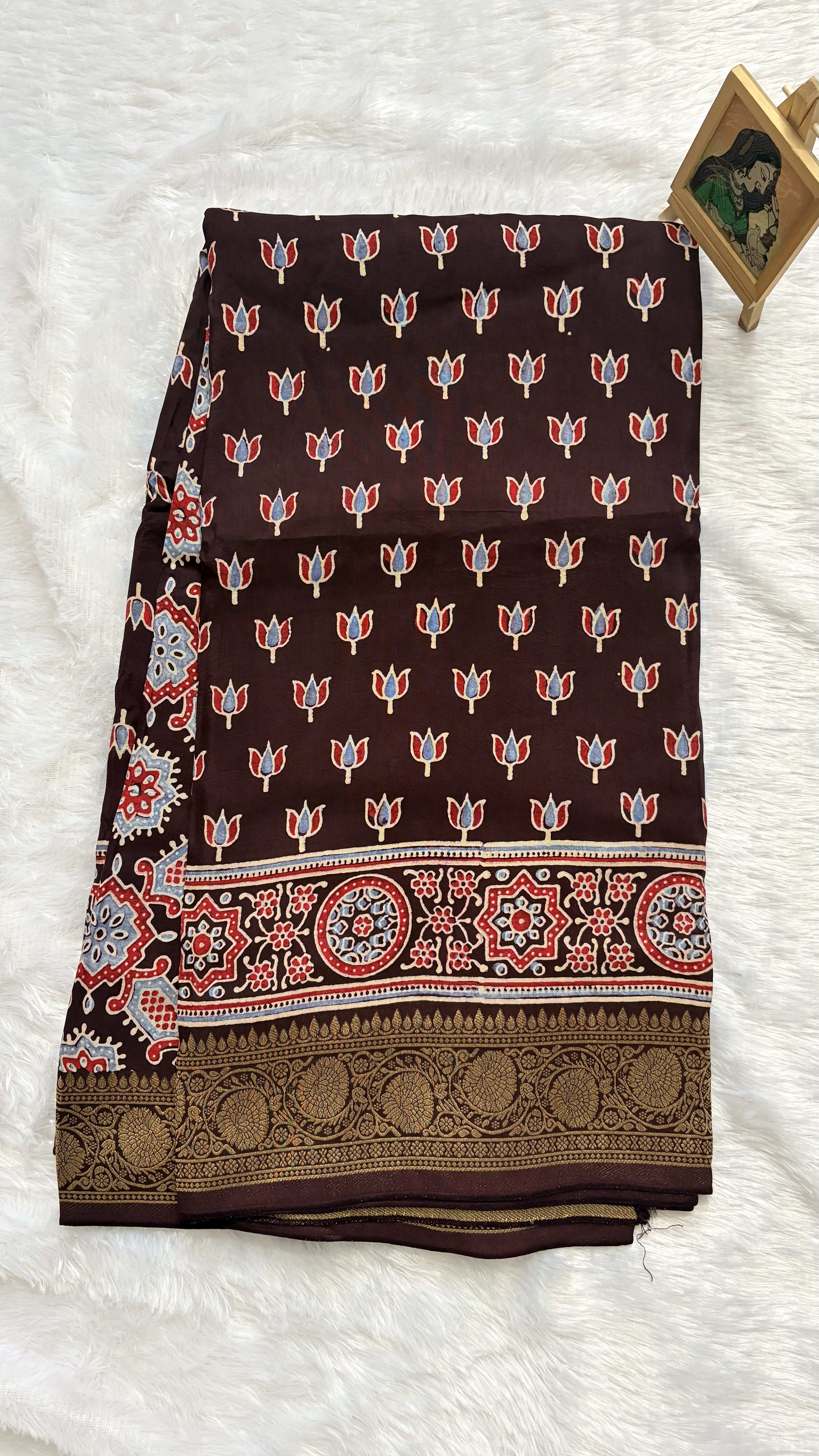 Pure Ajrakh Dola silk saree - Lotus motifs Coffe Brown — Brown Ajrakh Dola saree