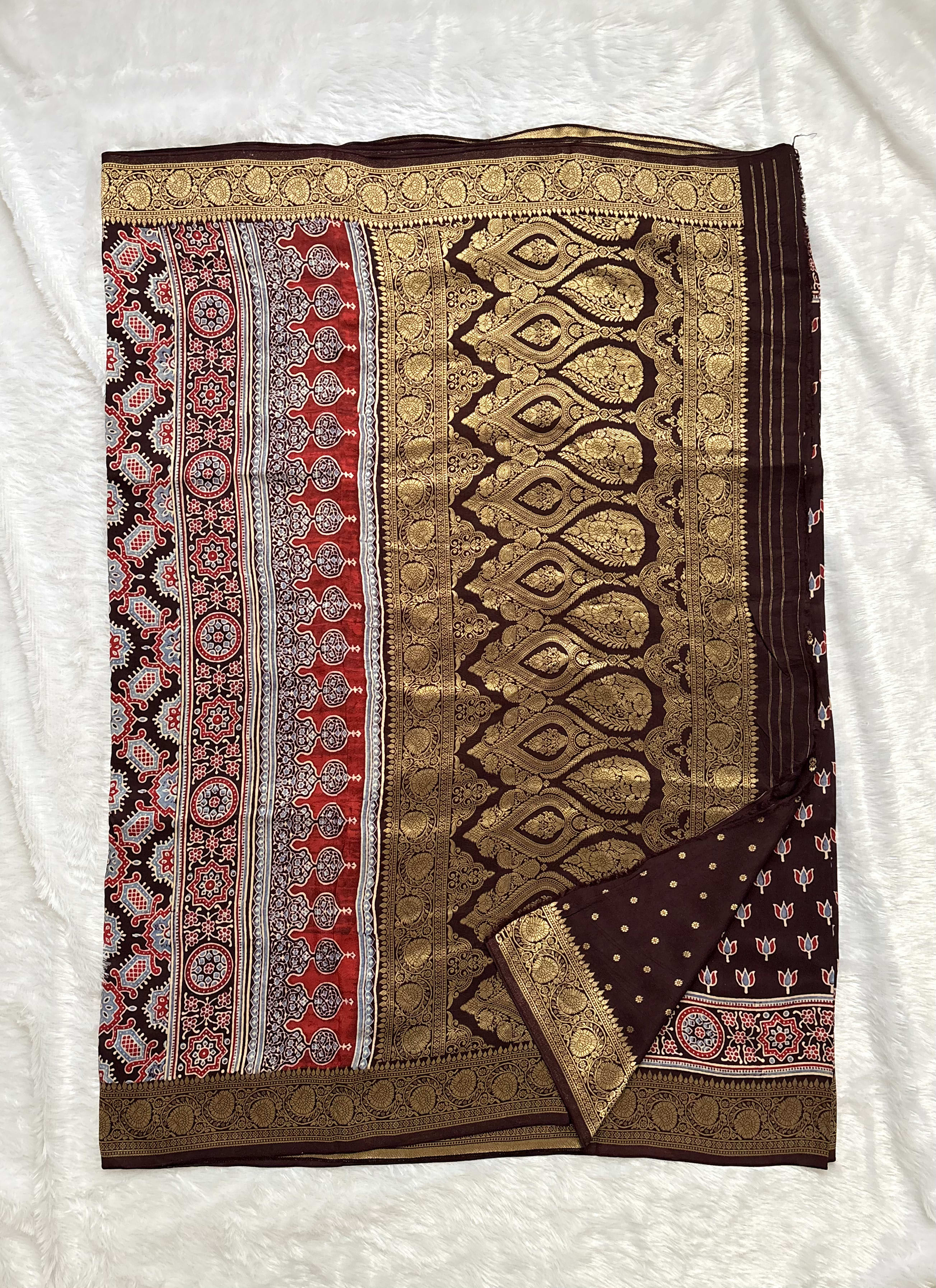 Pure Ajrakh Dola silk saree - Lotus motifs Coffe Brown — Brown Ajrakh Dola saree