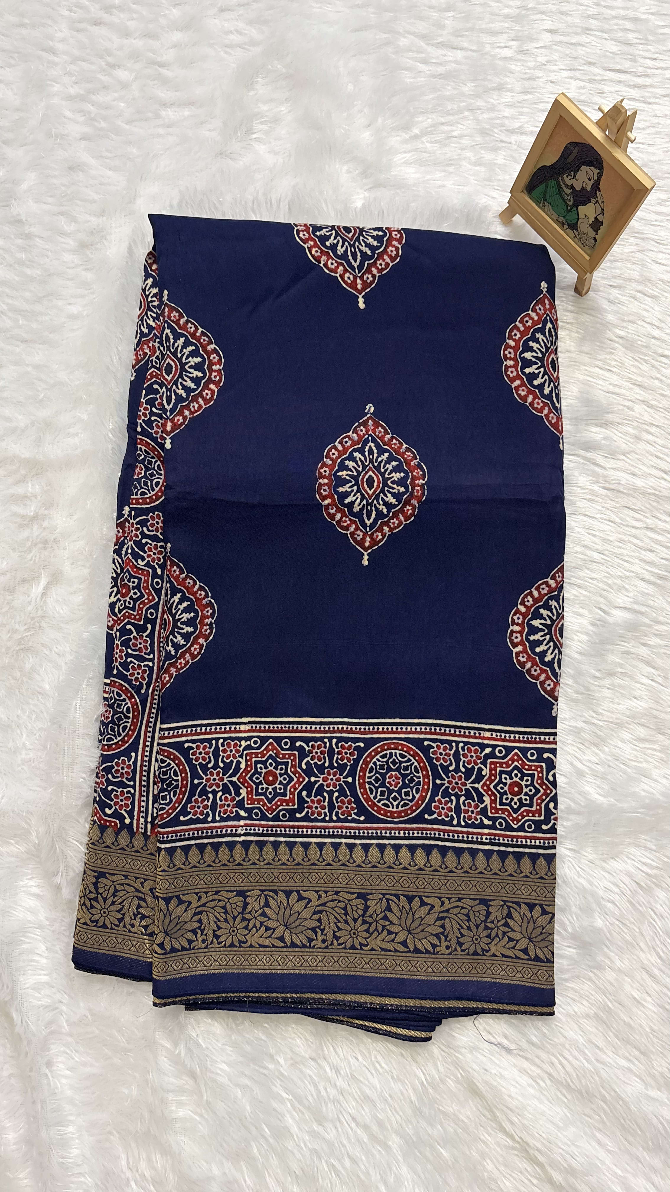 Pure Ajrakh Dola silk saree - Big badam motif Blue — Blue Ajrakh Dola saree