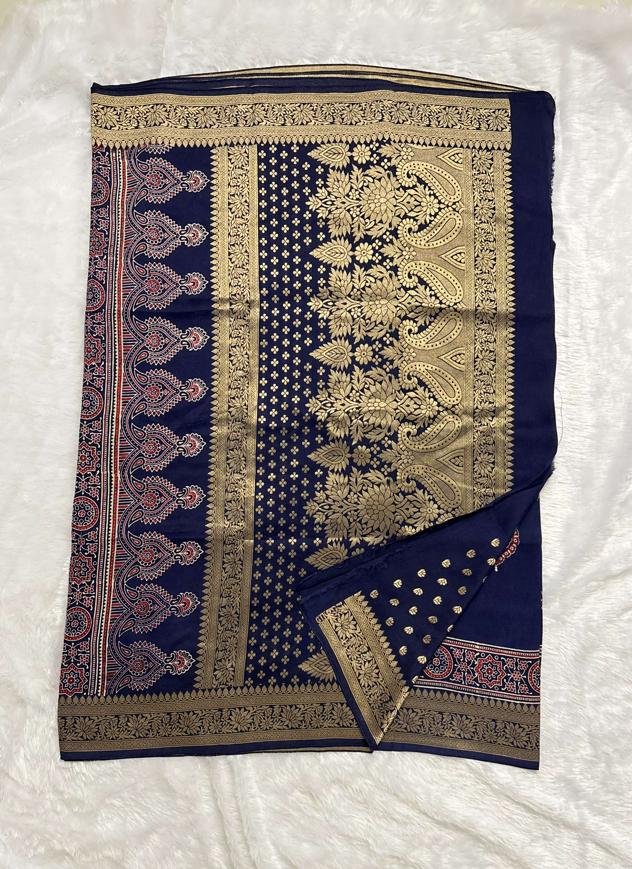 Pure Ajrakh Dola silk saree - Big badam motif Blue — Blue Ajrakh Dola saree