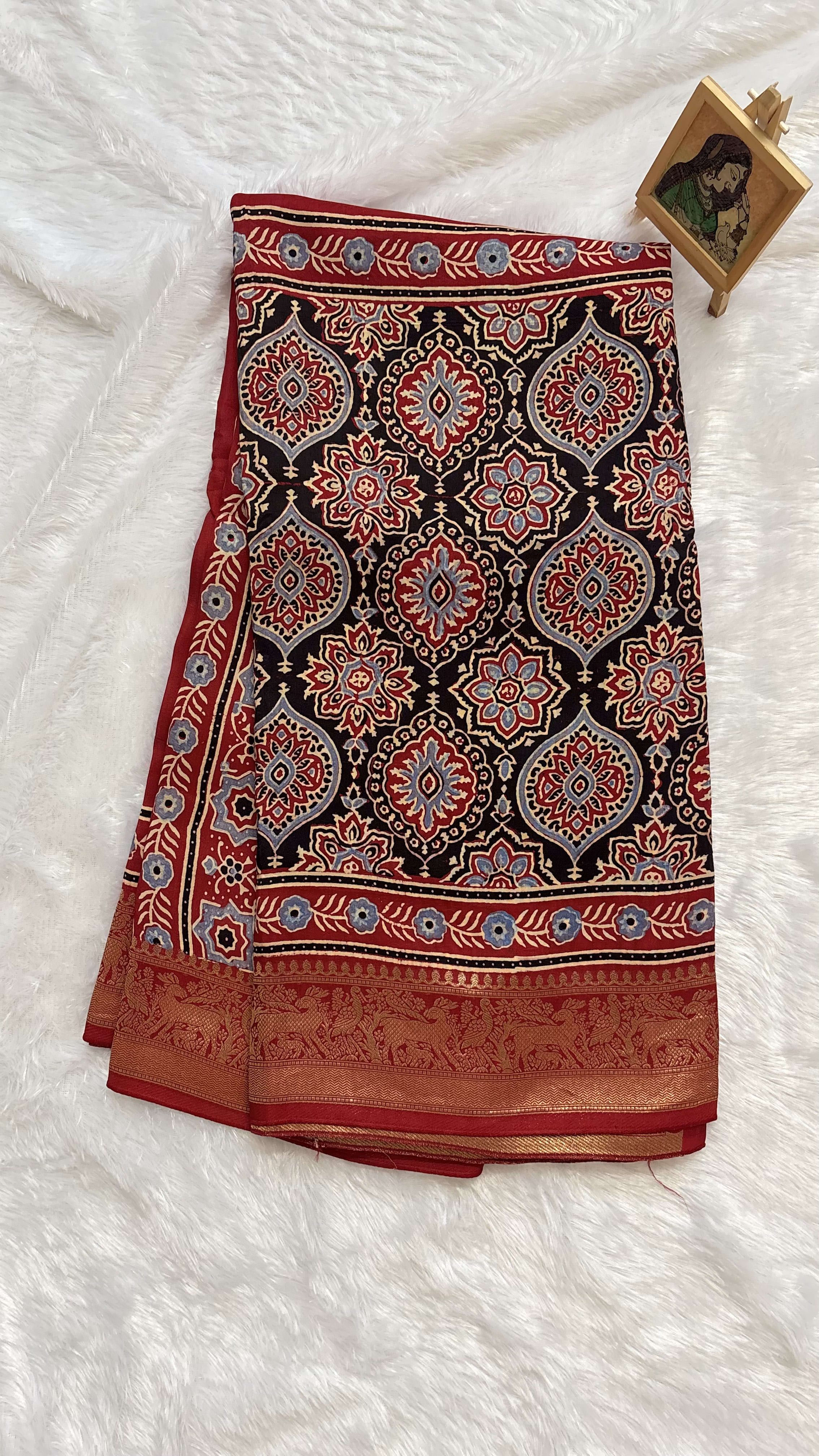 Pure Ajrakh Dola silk saree - Badam Half Red — Red/Maroon Ajrakh Dola saree