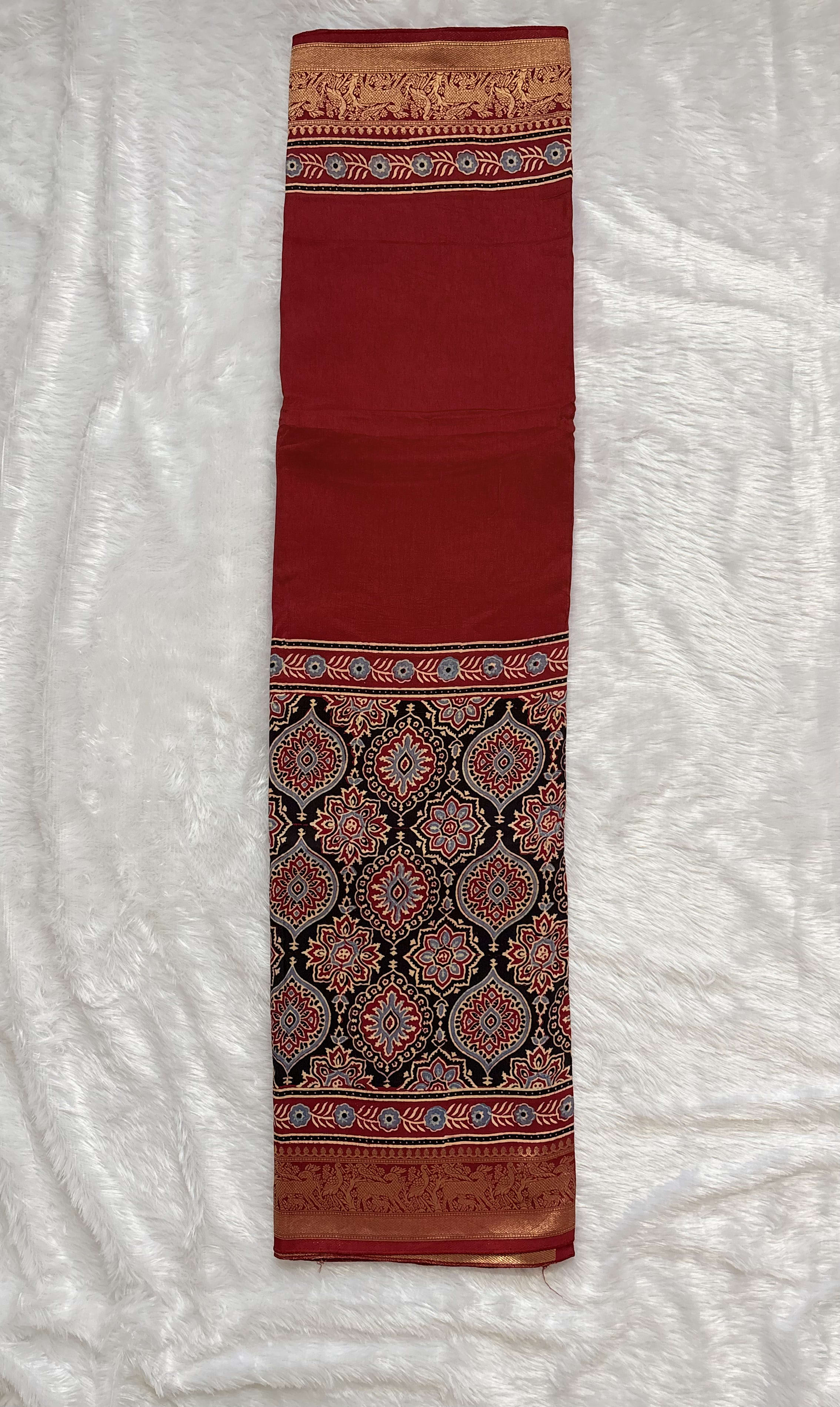 Pure Ajrakh Dola silk saree - Badam Half Red — Red/Maroon Ajrakh Dola saree