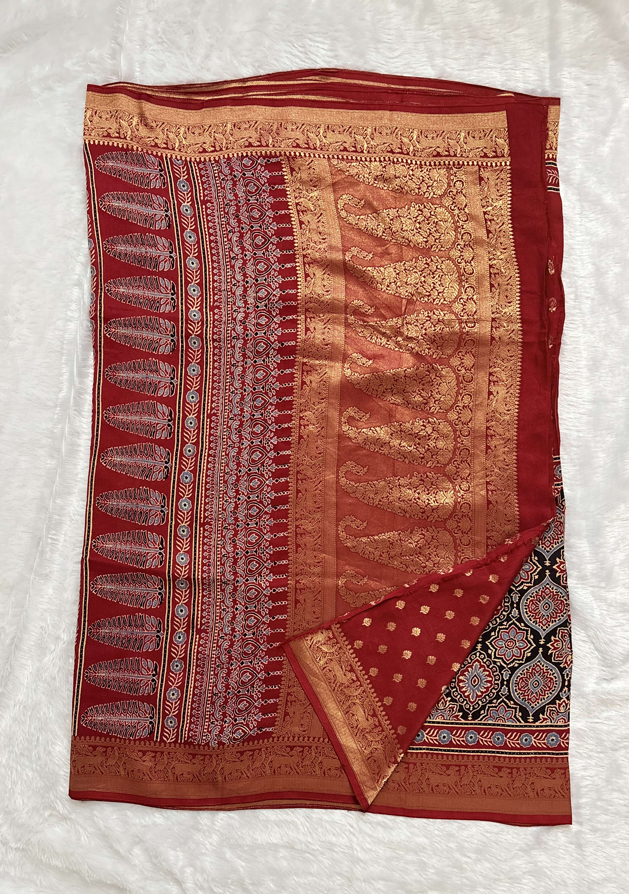Pure Ajrakh Dola silk saree - Badam Half Red — Red/Maroon Ajrakh Dola saree