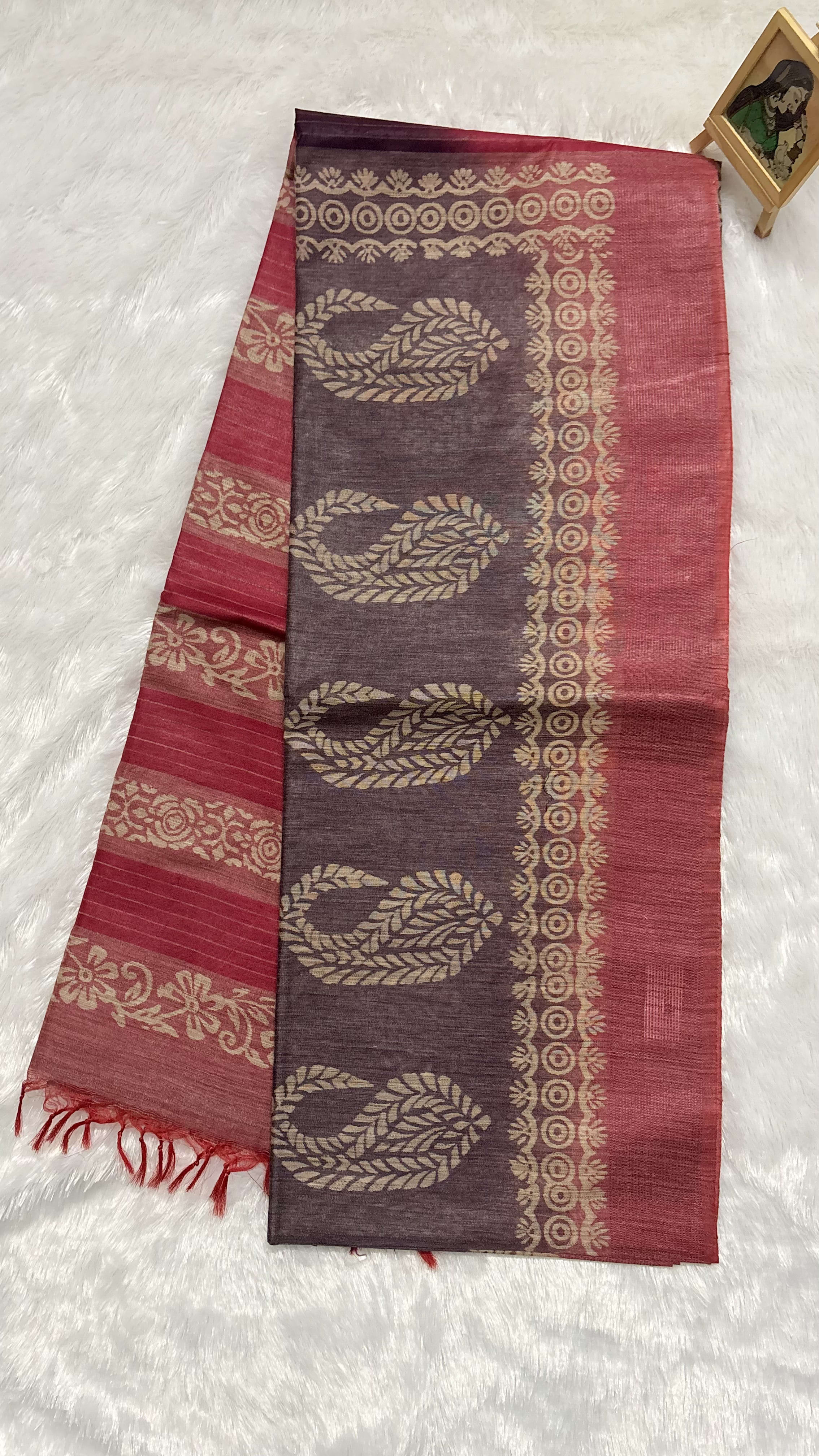 Semi tussar saree with block prints Purple and Pink — Purple/Lavender Chanderi Tussar saree